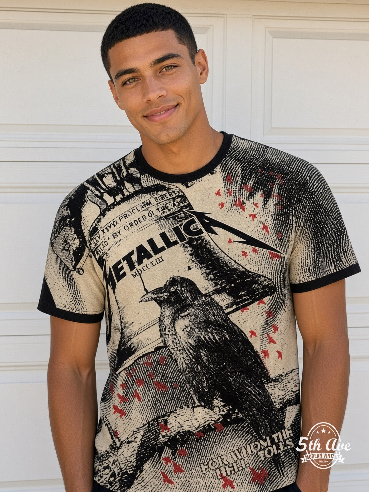 Metallica For Whom the Bell Tolls Crow all over print vintage tee model wearing