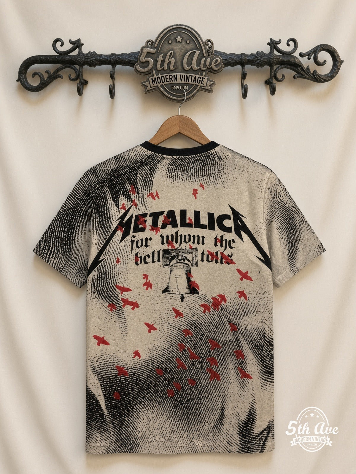 Metallica For Whom the Bell Tolls Crow all over print vintage tee back on cream 5th Ave rack