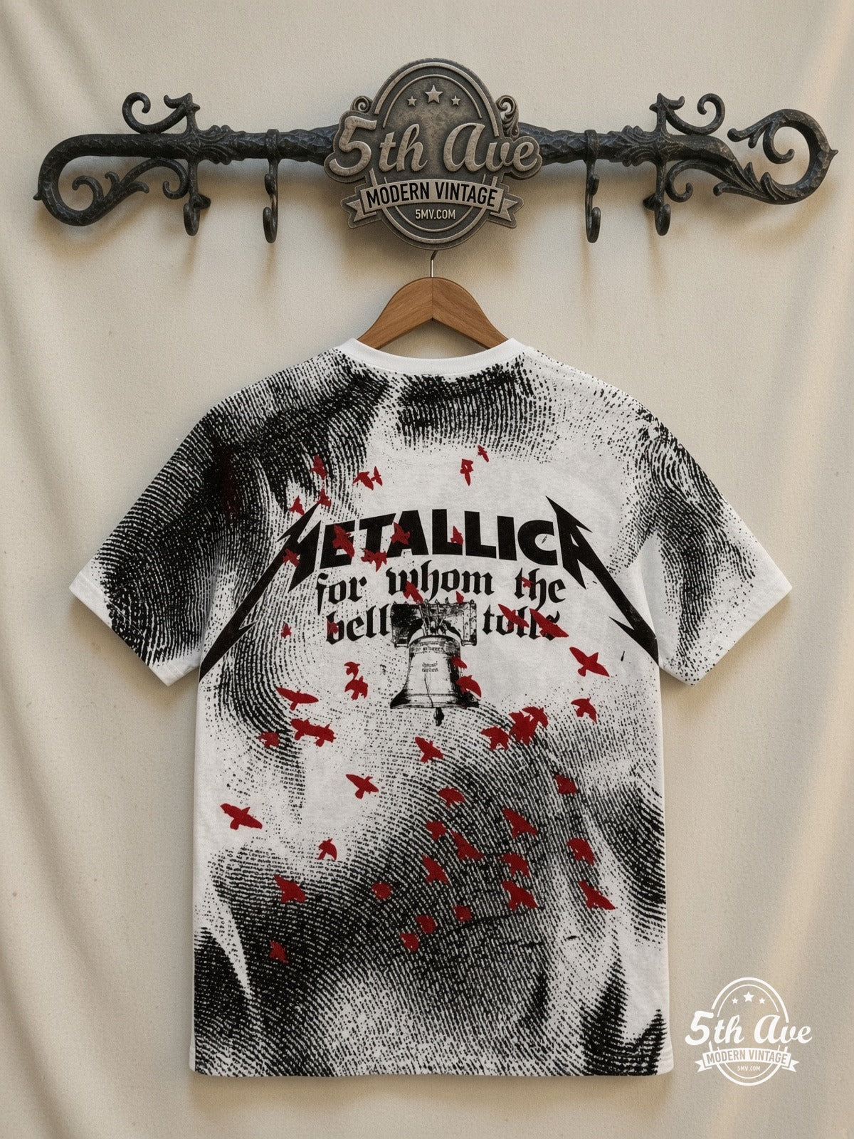Metallica For Whom the Bell Tolls Crow White all over print vintage tee back on cream 5th Ave rack