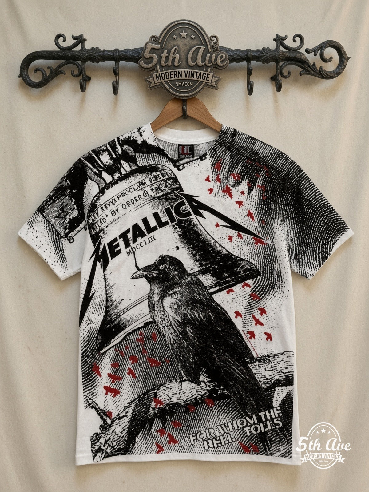 Metallica For Whom the Bell Tolls Crow White all over print vintage band t-shirt front on cream 5th Ave rack