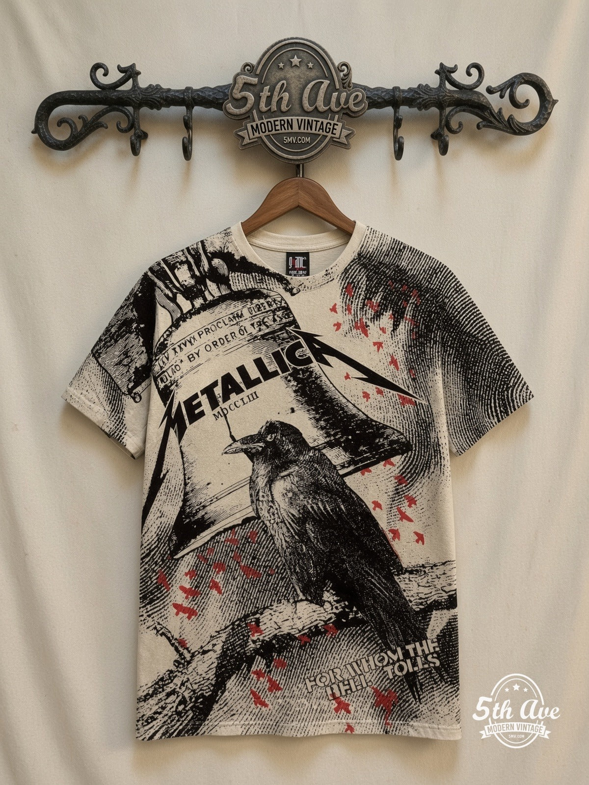 Metallica For Whom the Bell Tolls Crow all over print vintage band t-shirt front on cream 5th Ave rack