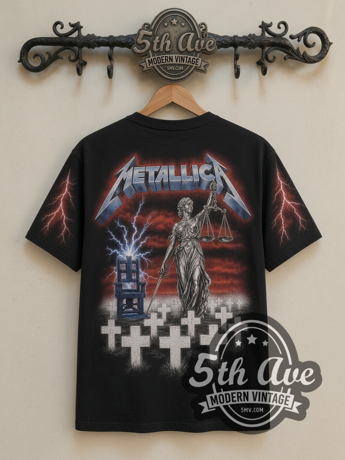 Metallica Master of Puppets Graveyard all-over-print vintage band t-shirt in black, back view on a display rack