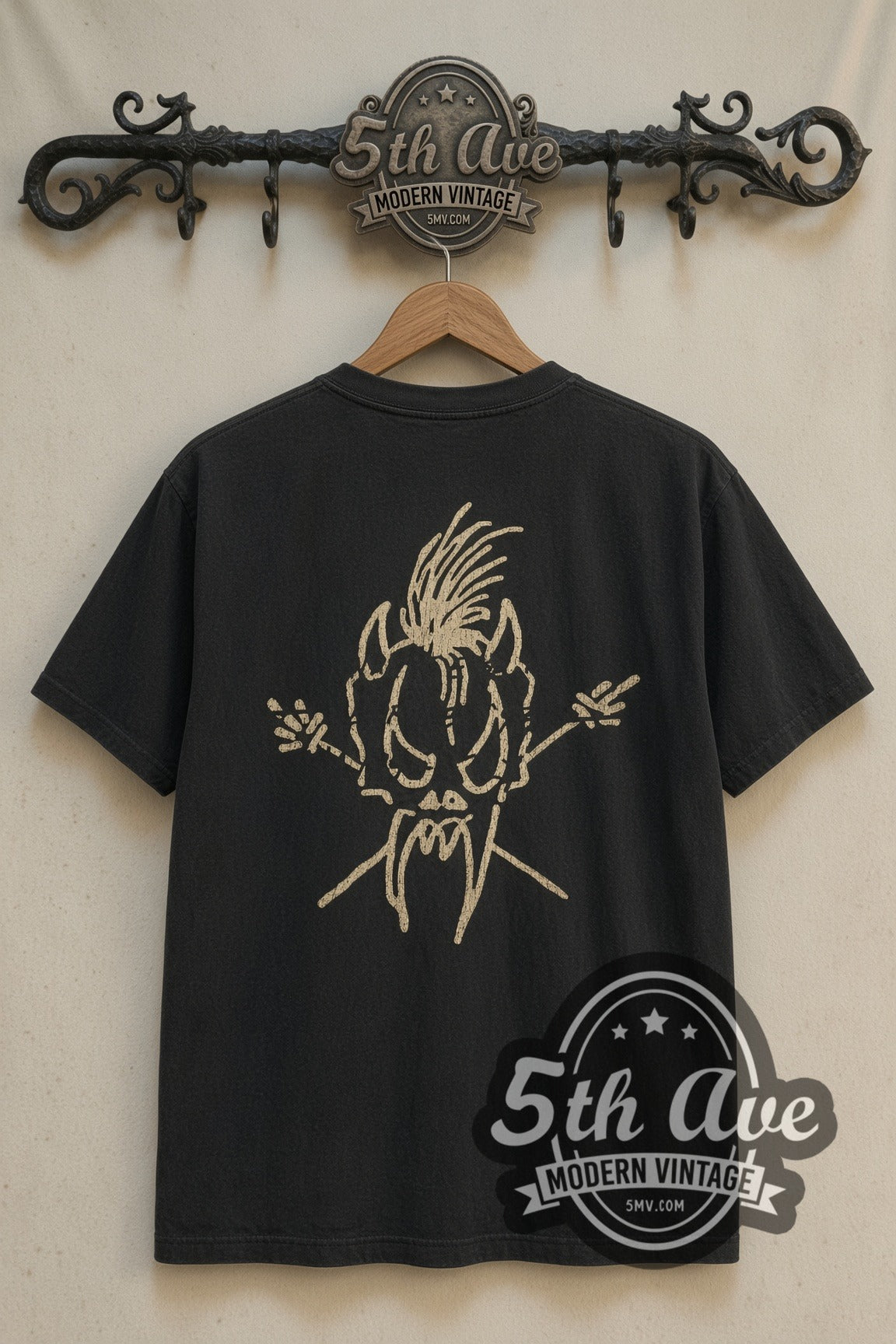 Metallica band t-shirt back with large Scary Guy skeleton print on rack