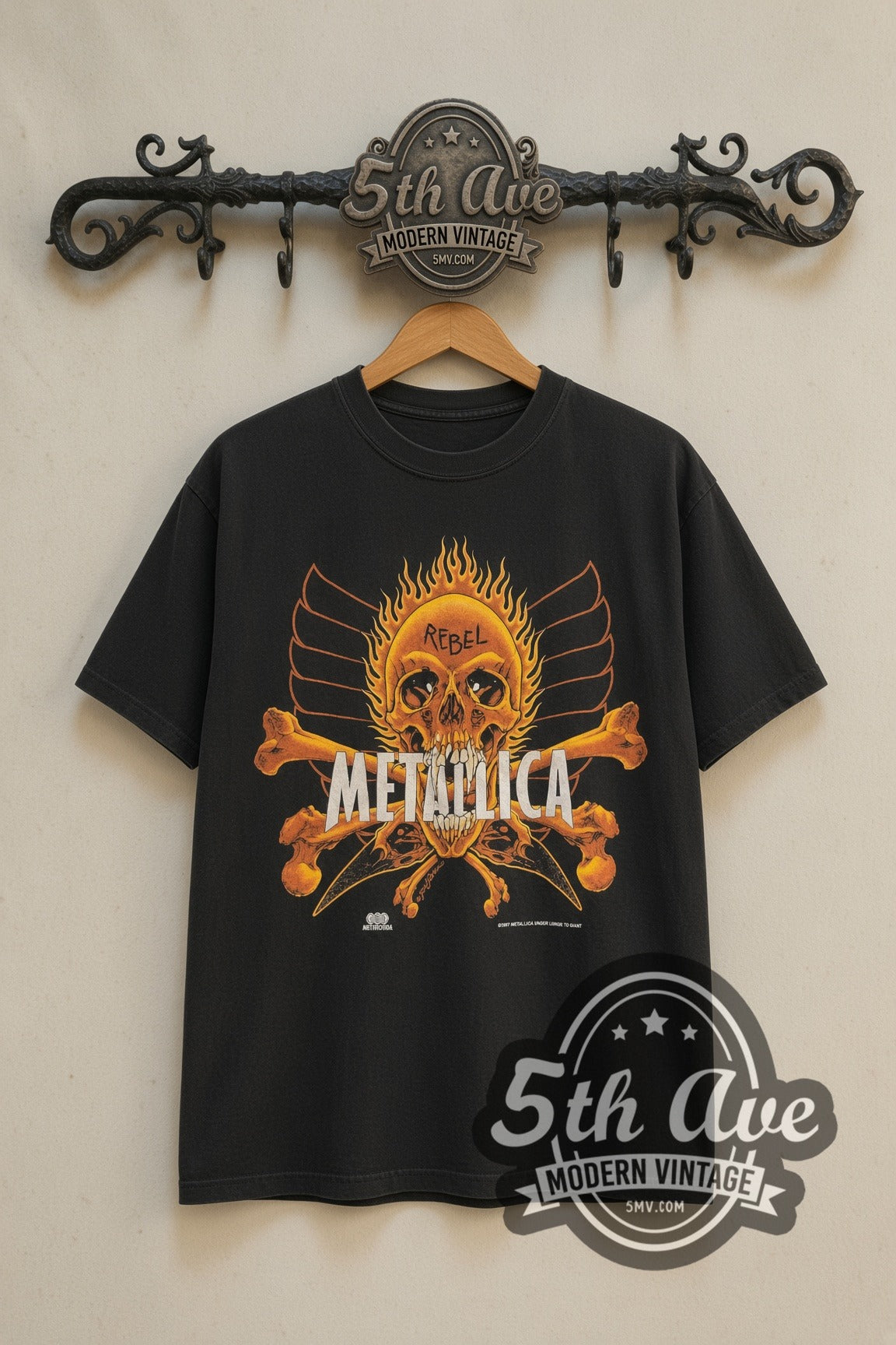 Metallica Rebel Flaming Skull & Yin-Yang Skulls 1997 band t-shirt front on 5th Ave iron rack
