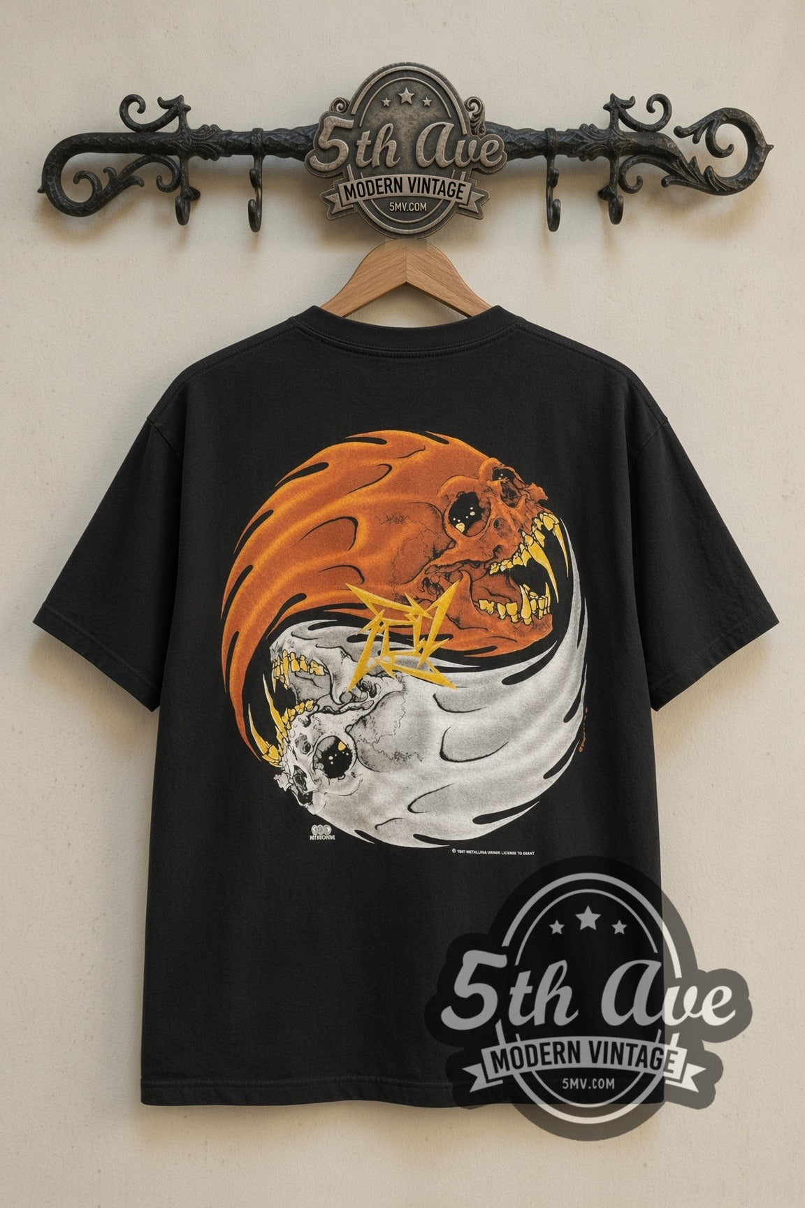 Back print of Metallica Rebel Flaming Skull & Yin-Yang Skulls 1997 tee on 5th Ave rack