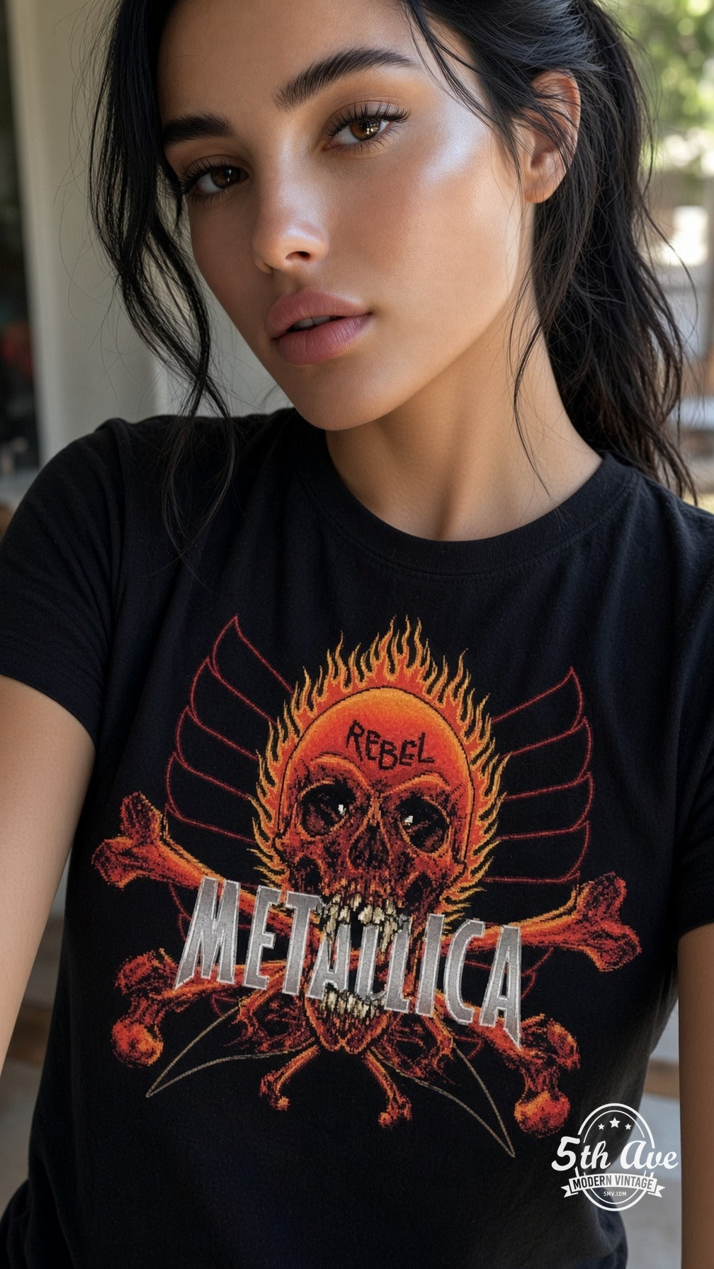 Model wearing Metallica Rebel flaming skull vintage band tee