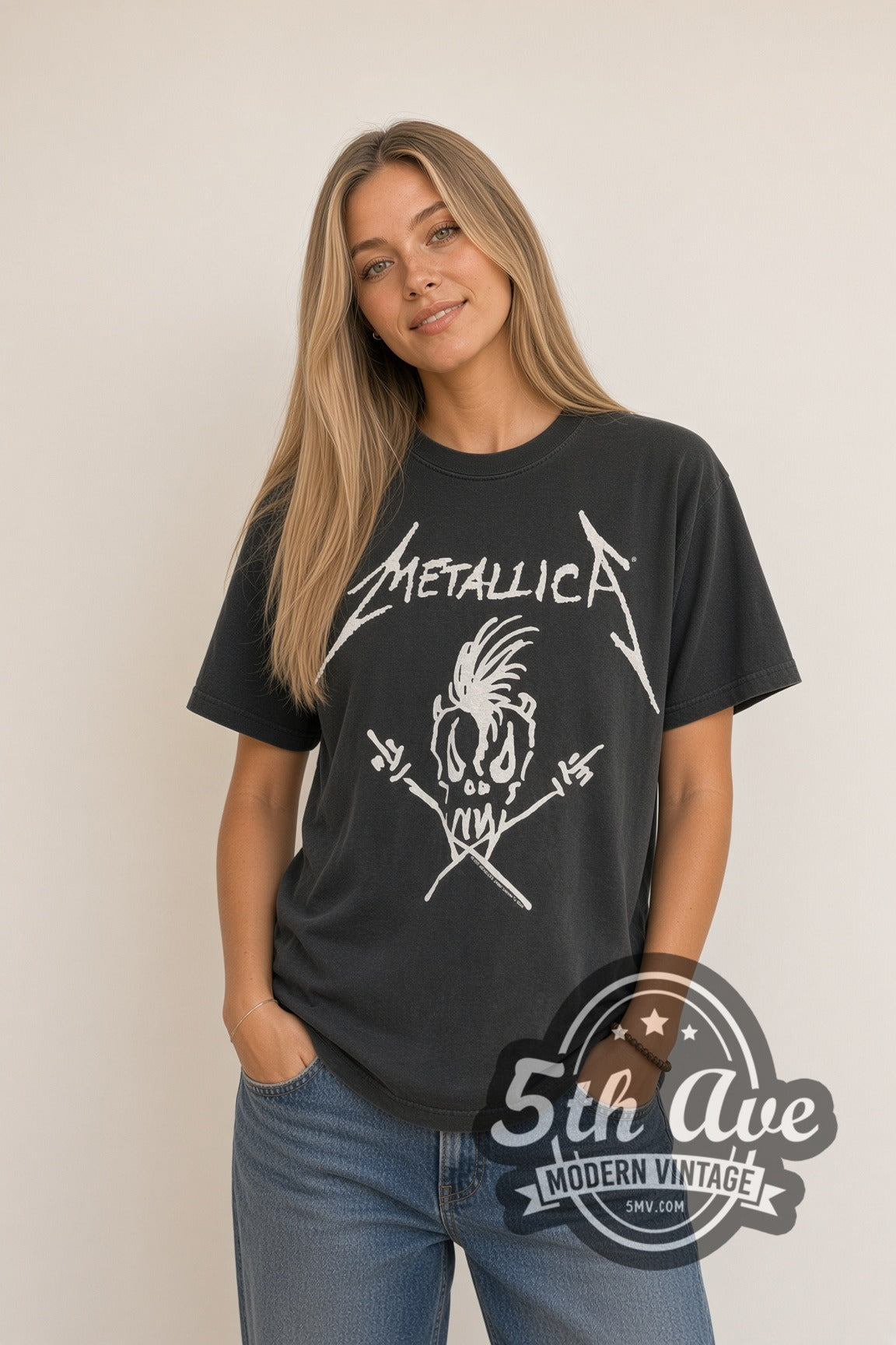 Woman wearing faded black Metallica Scary Guy Summer Sh*t '94 Tour Map vintage band t-shirt