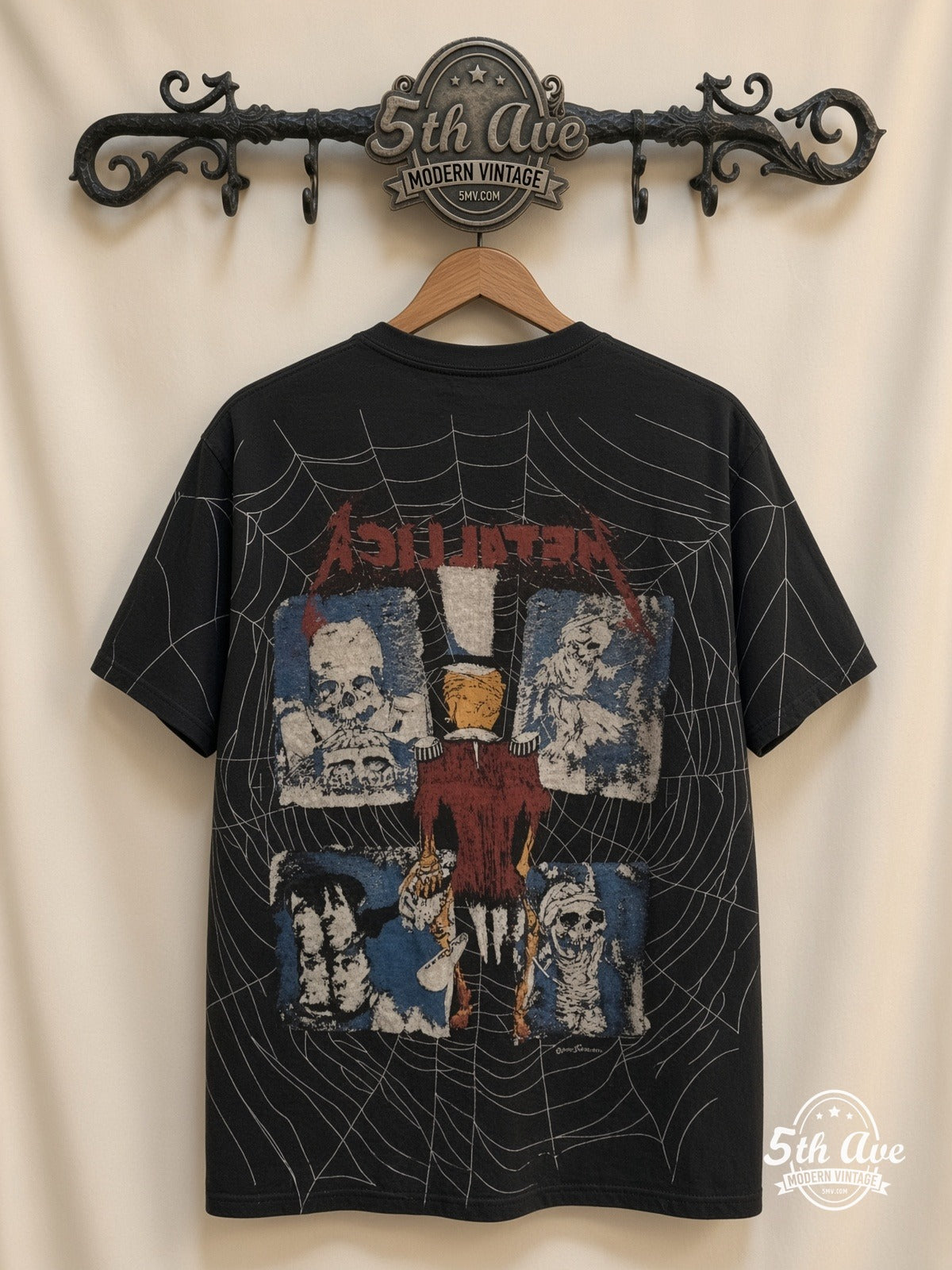 Metallica Skeleton Spiderweb all over print vintage tee back on cream 5th Ave rack
