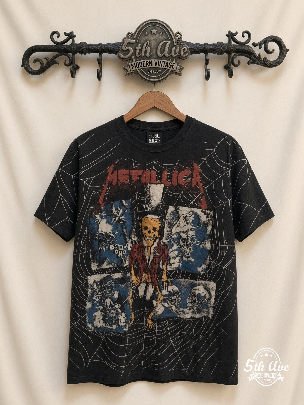 Metallica Skeleton Spiderweb all over print vintage band t-shirt front on cream 5th Ave rack