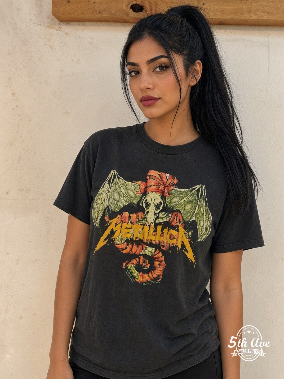 Model wearing Metallica Wherever I May Roam Winged Skull vintage t-shirt