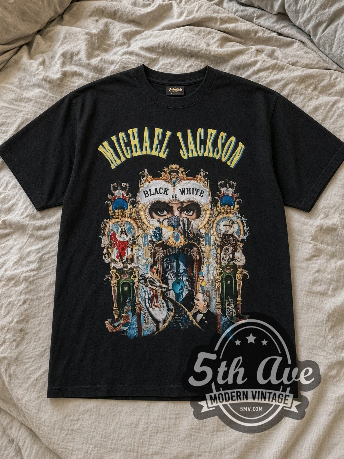 Black Michael Jackson Black or White Dangerous World Tour 1993 Vintage Band T-Shirt laid flat on a linen bed