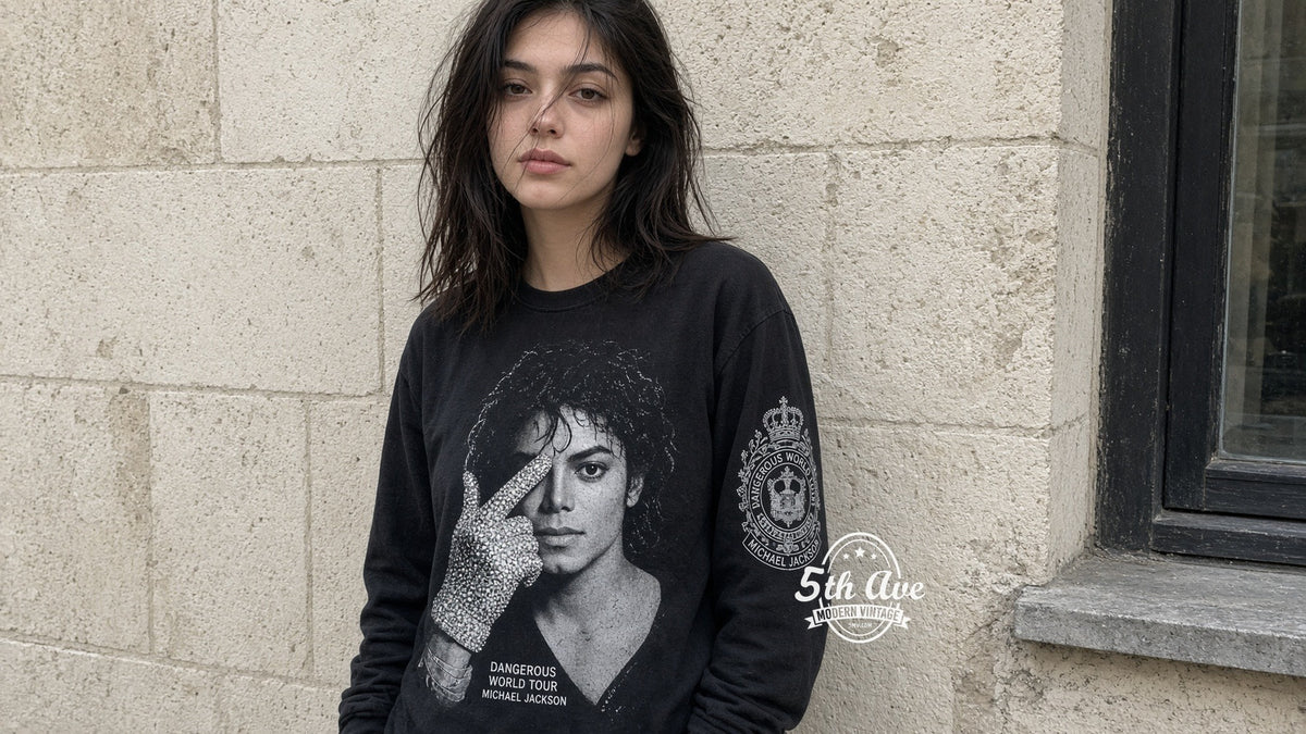 Model wearing Michael Jackson Dangerous World Tour vintage band tee