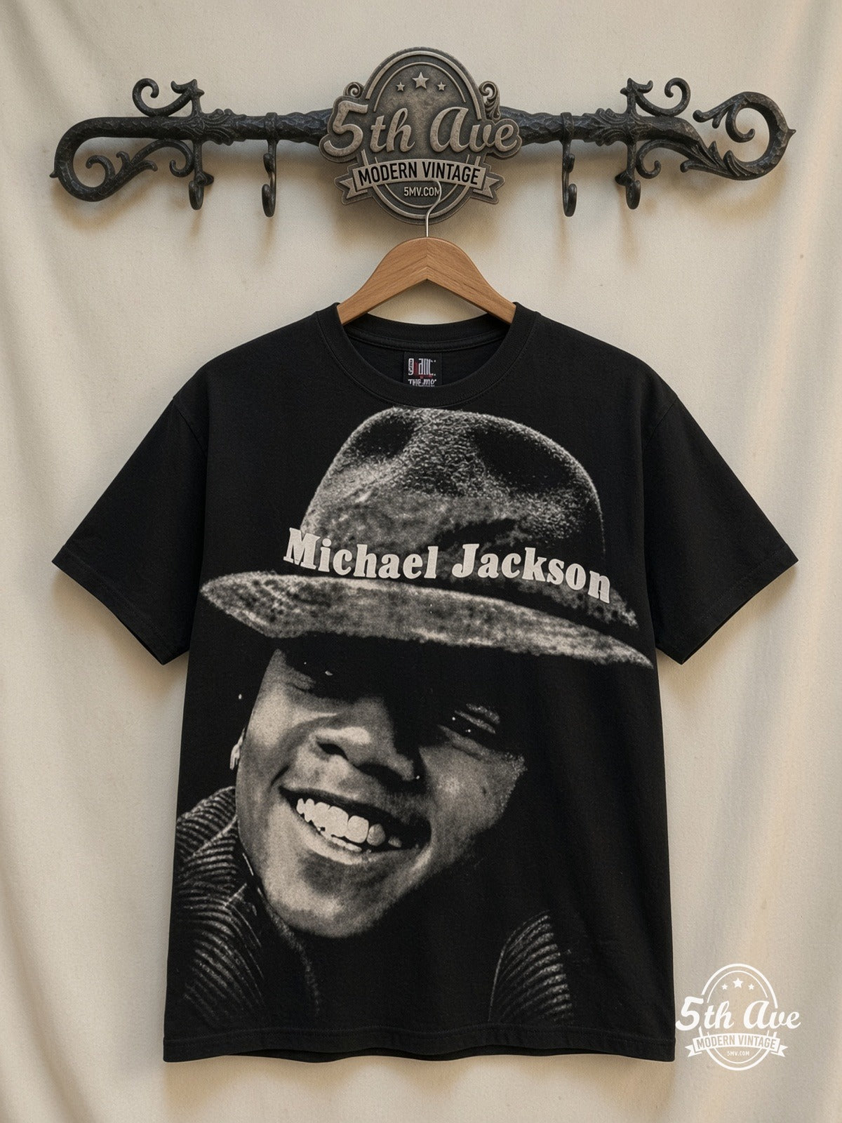 Michael Jackson Hat Portrait all over print vintage band t-shirt front on cream 5th Ave rack