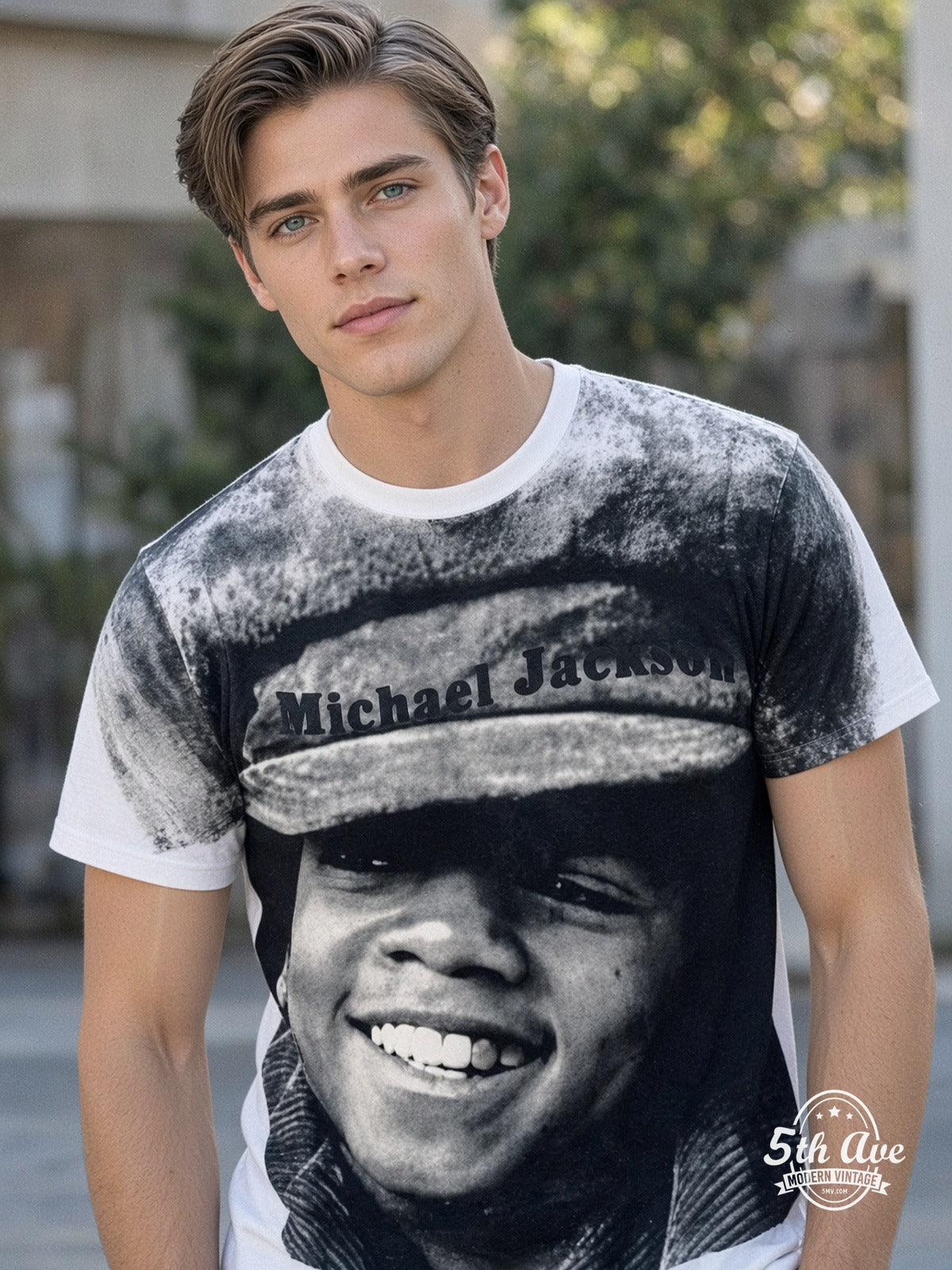 Michael Jackson Hat Portrait White all over print vintage tee model wearing