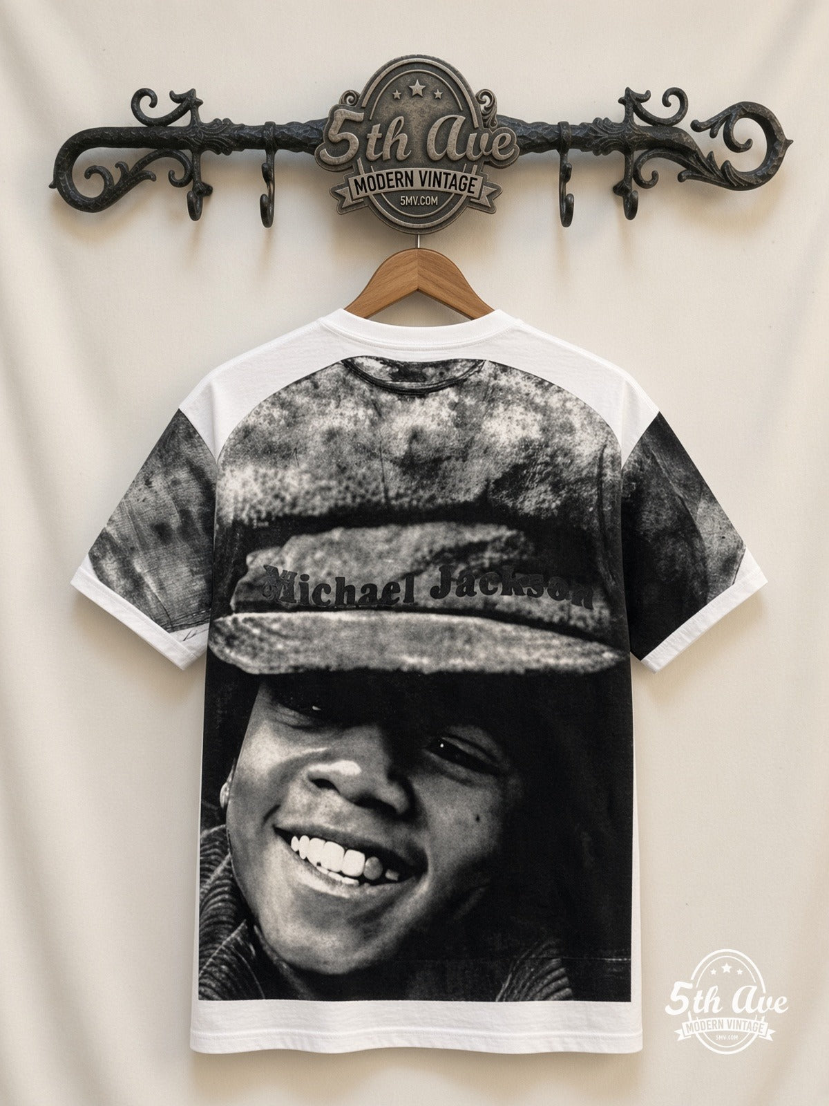 Michael Jackson Hat Portrait White all over print vintage tee back on cream 5th Ave rack