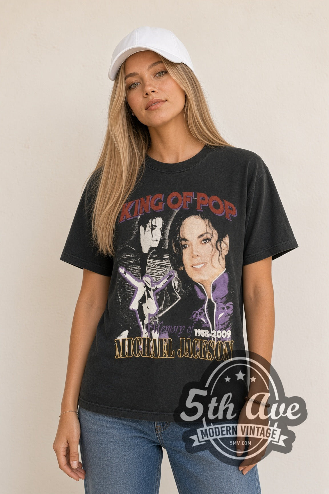 Woman wearing black Michael Jackson vintage band t-shirt