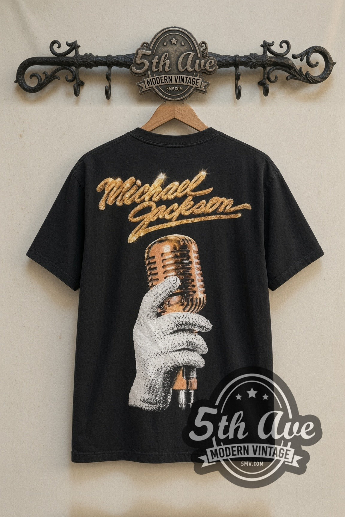 Back print of Michael Jackson Stage Dance & Sequin Glove Mic tee on 5th Ave rack