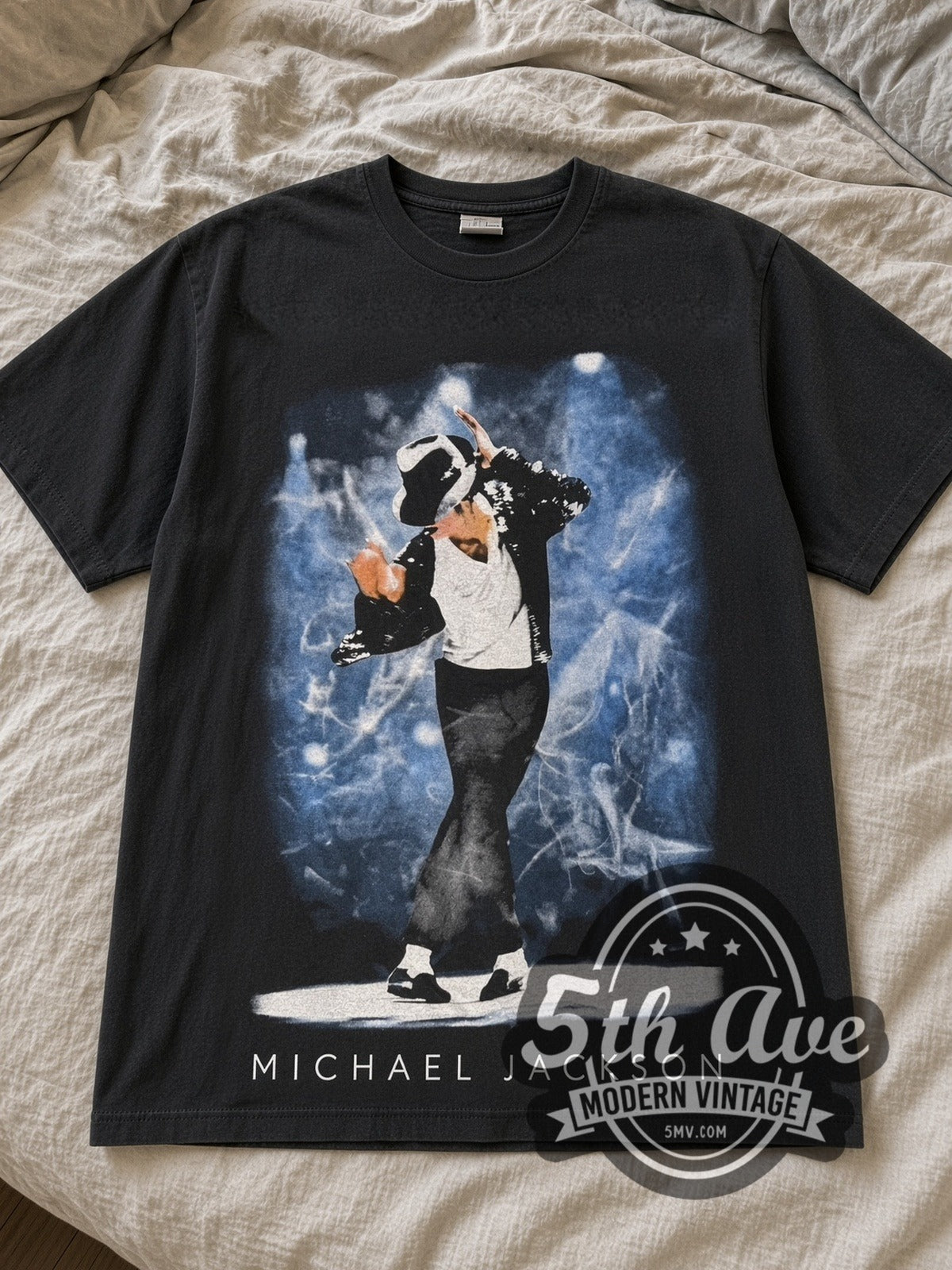 Black Michael Jackson Stage Dance & Sequin Glove Mic tee laid flat on linen bed