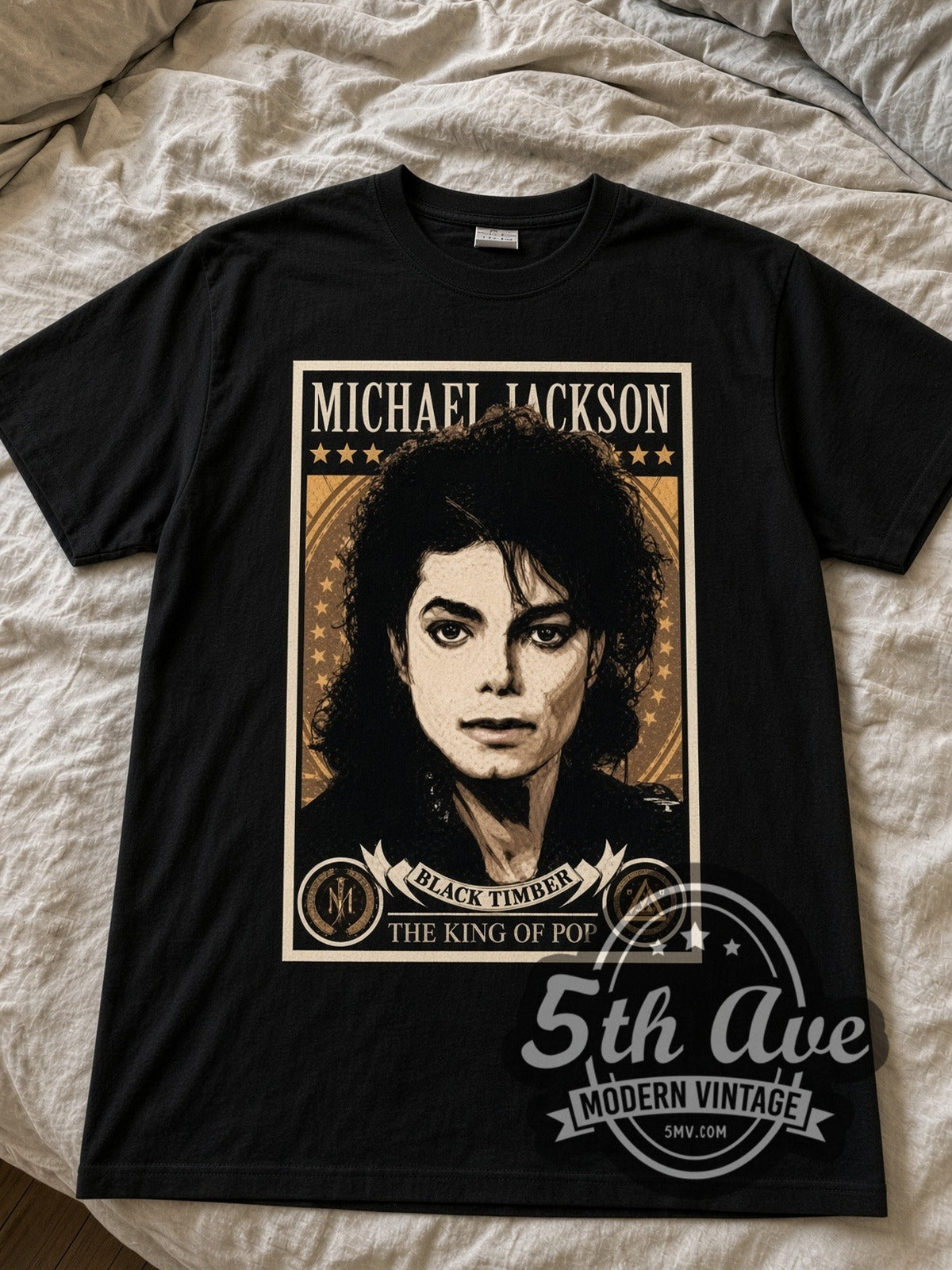 Michael Jackson The King of Pop Poster Portrait black graphic tee laid flat on linen bed