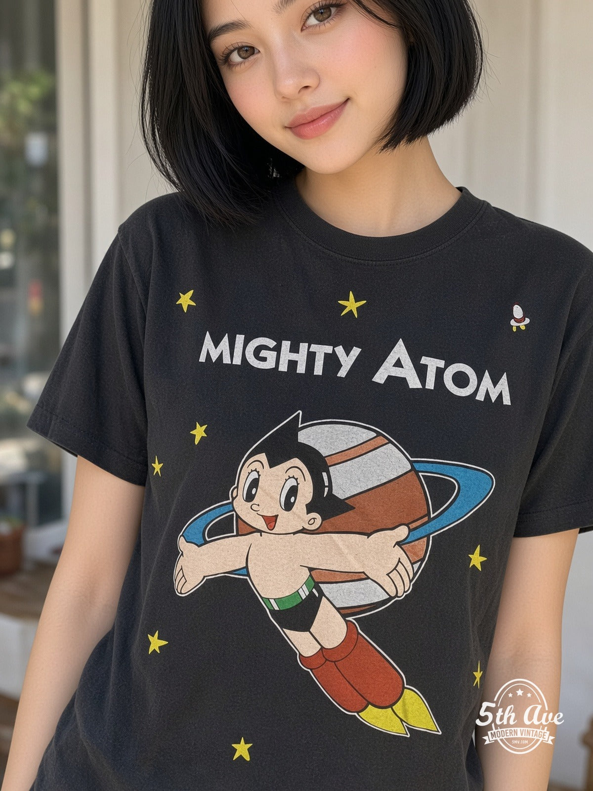 Model wearing Astro Boy Mighty Atom Flying Portrait vintage t-shirt