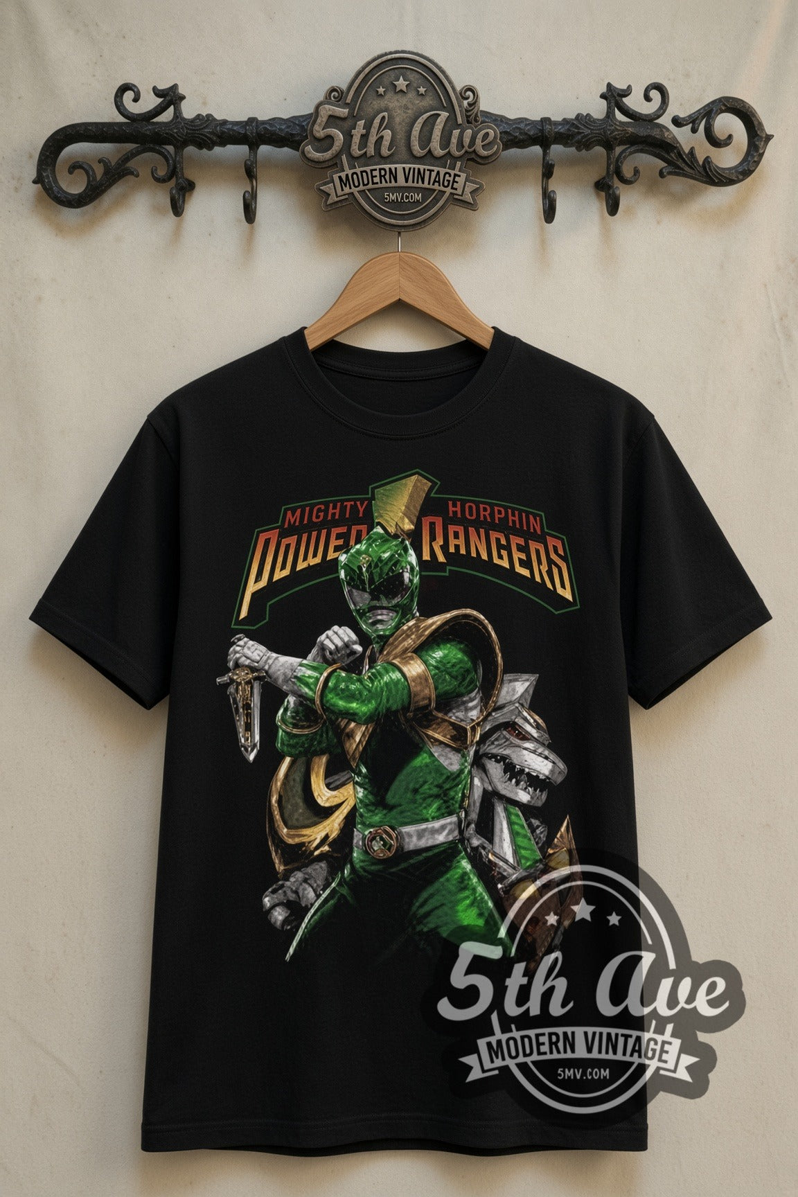 Power Rangers Green Ranger double stitched black tee front on dark iron 5th Ave rack