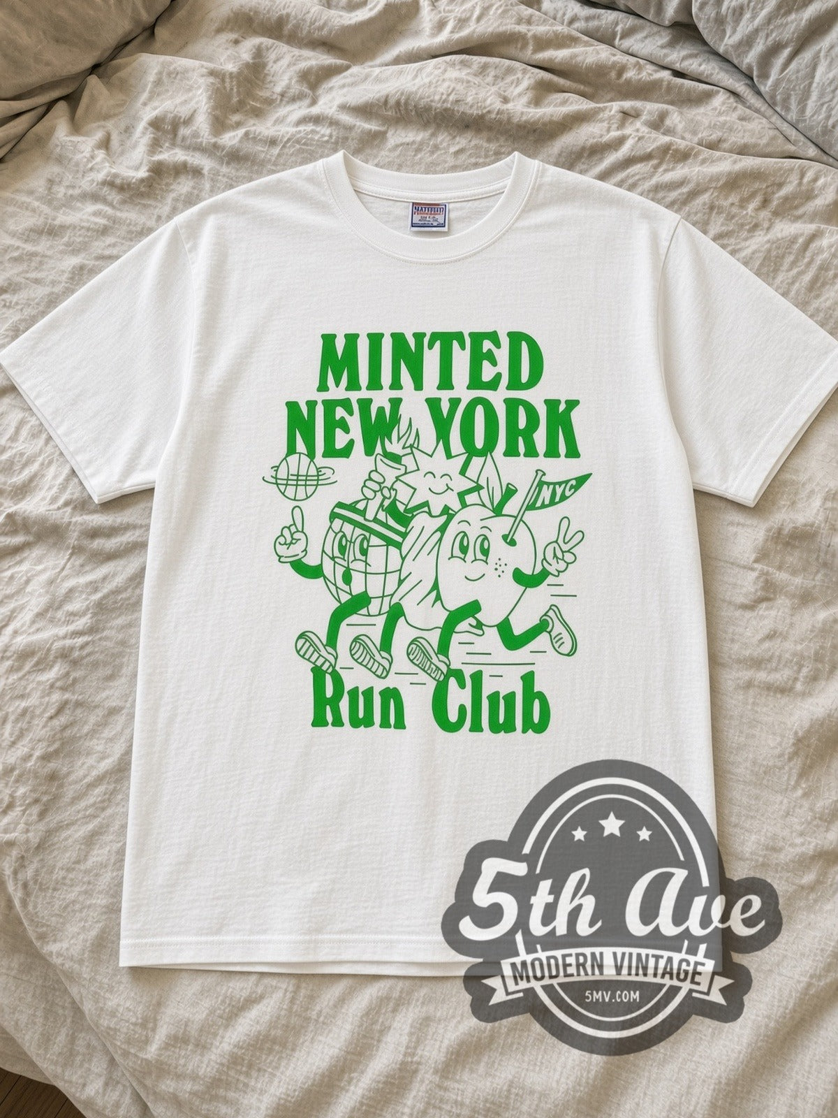 White Minted New York Run Club Vintage Graphic T-Shirt laid flat on a linen bed