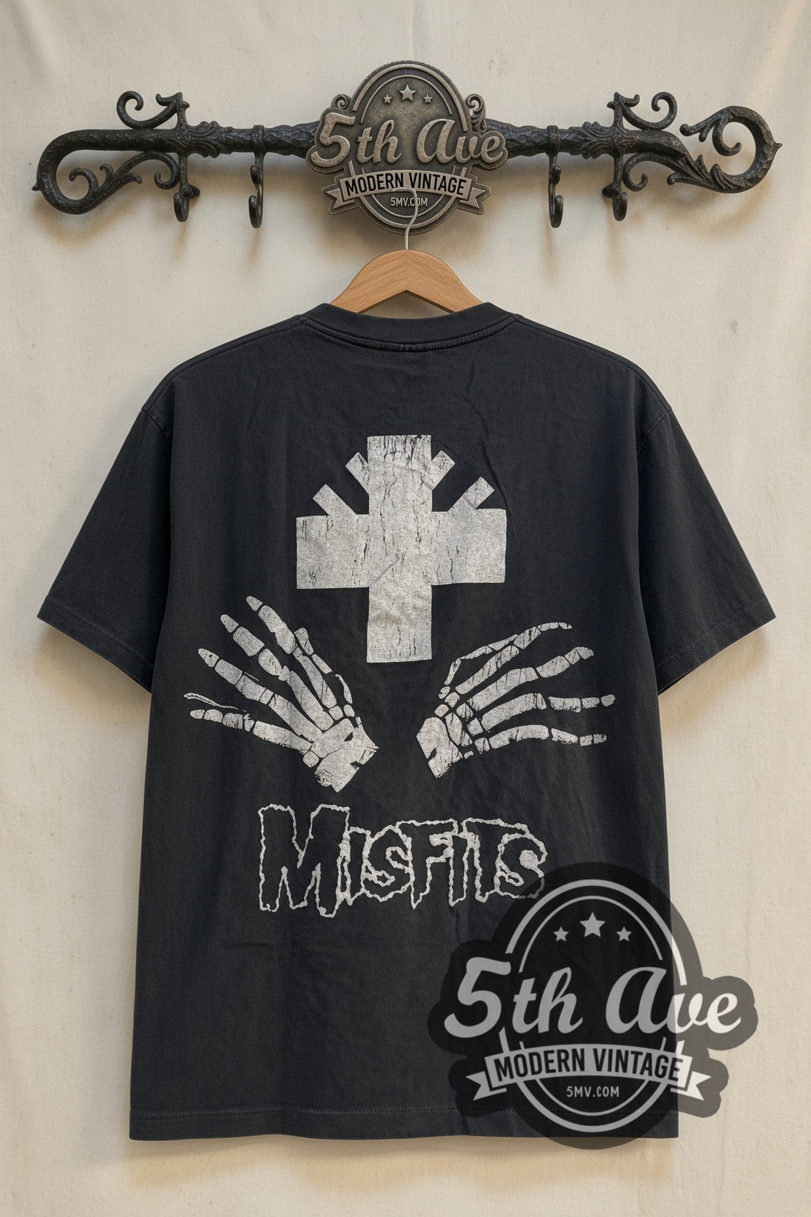 Misfits Fiend Skull Giant Face vintage band t-shirt, back view on a display rack