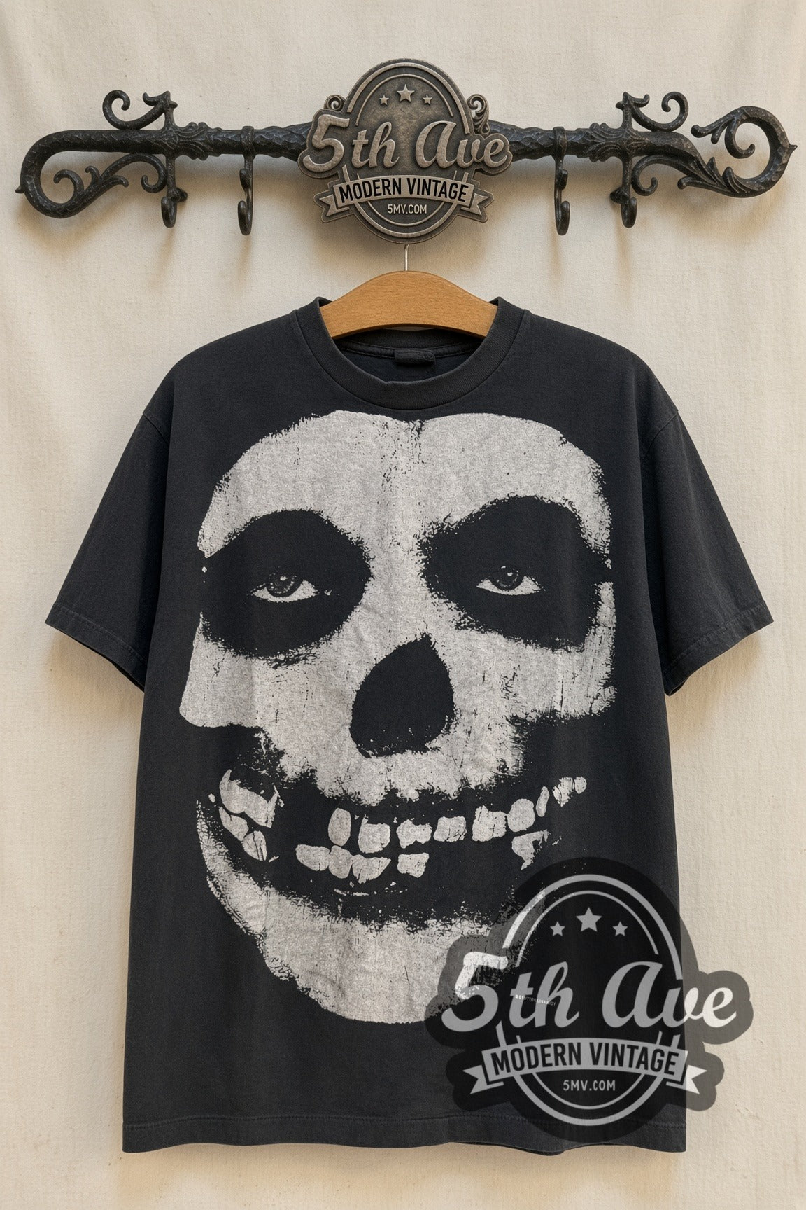 Misfits Fiend Skull Giant Face vintage band t-shirt, front view on a display rack