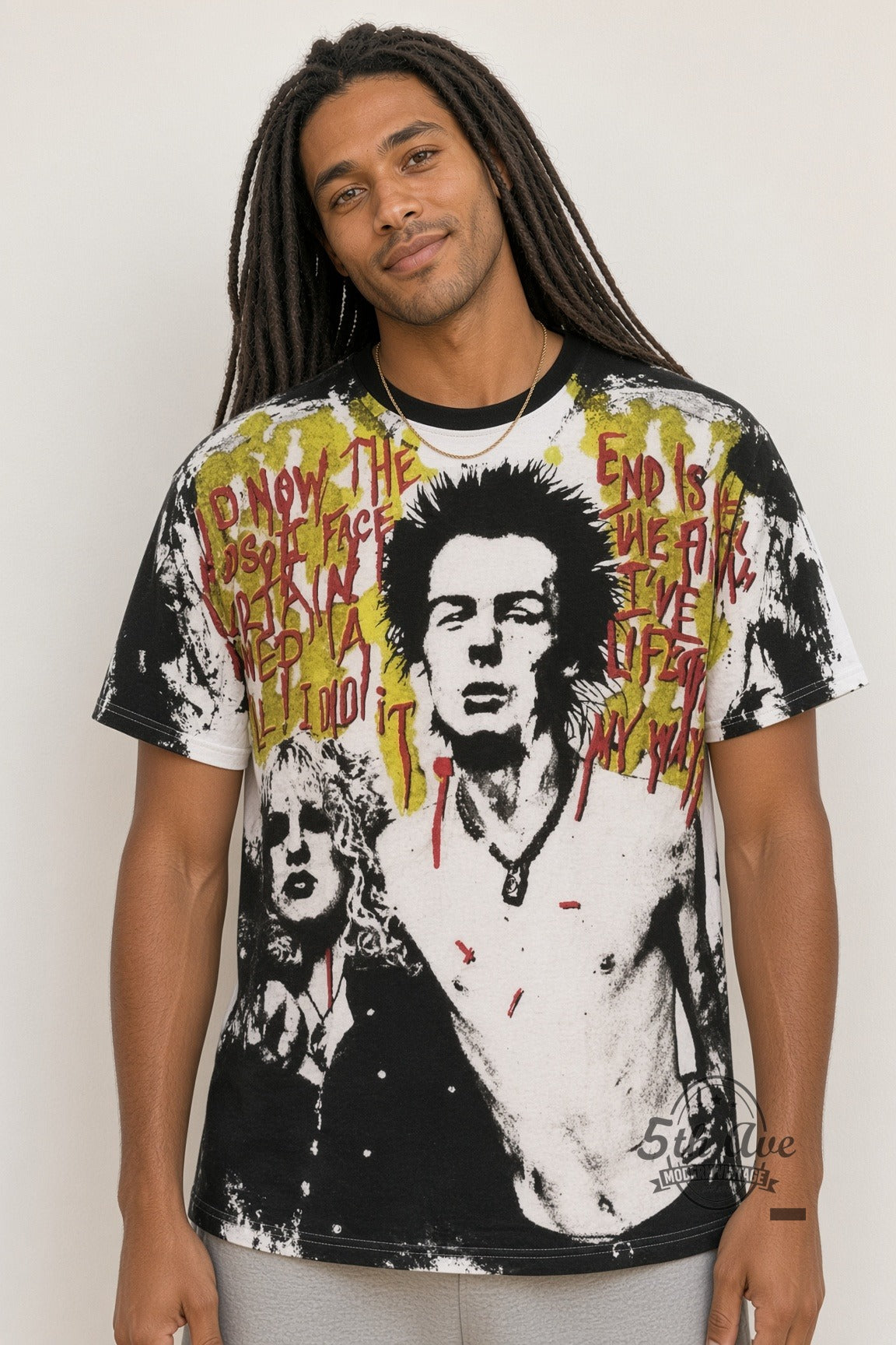 Sex Pistols Sid Vicious Sid and Nancy all-over print vintage band t-shirt – worn by model
