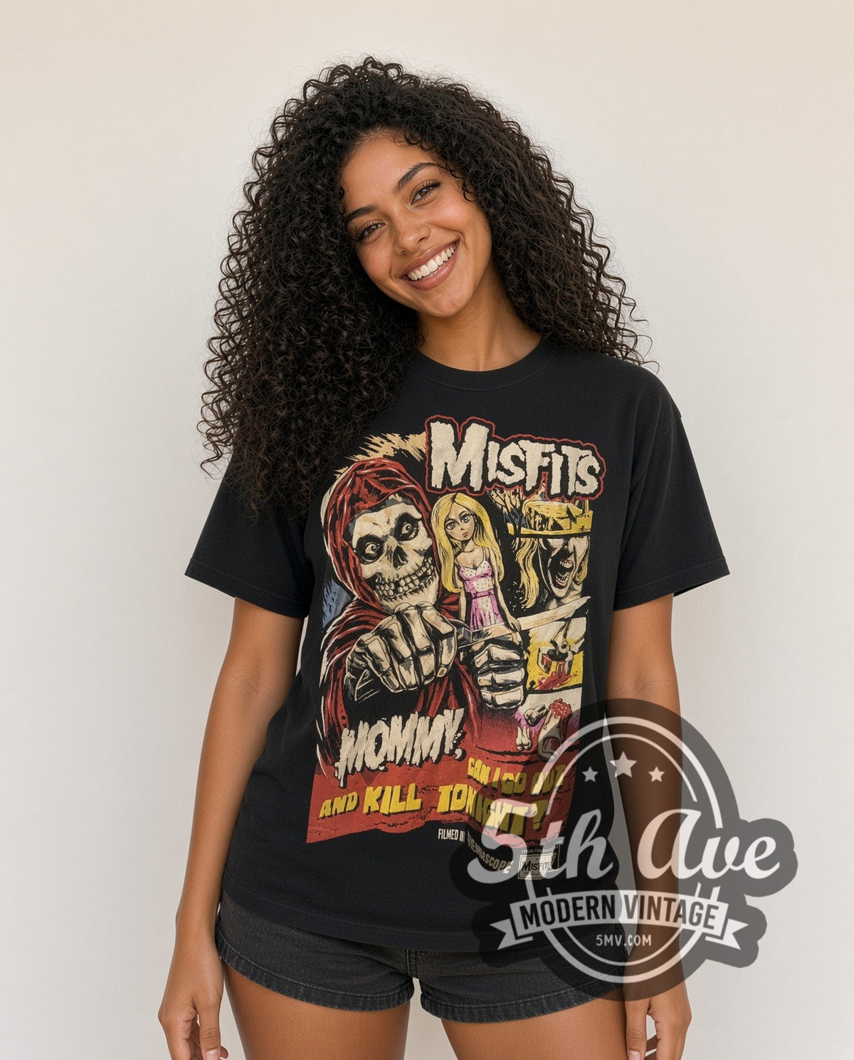 Model wearing the Misfits Mommy Can I Go Out And Kill Tonight vintage band t-shirt