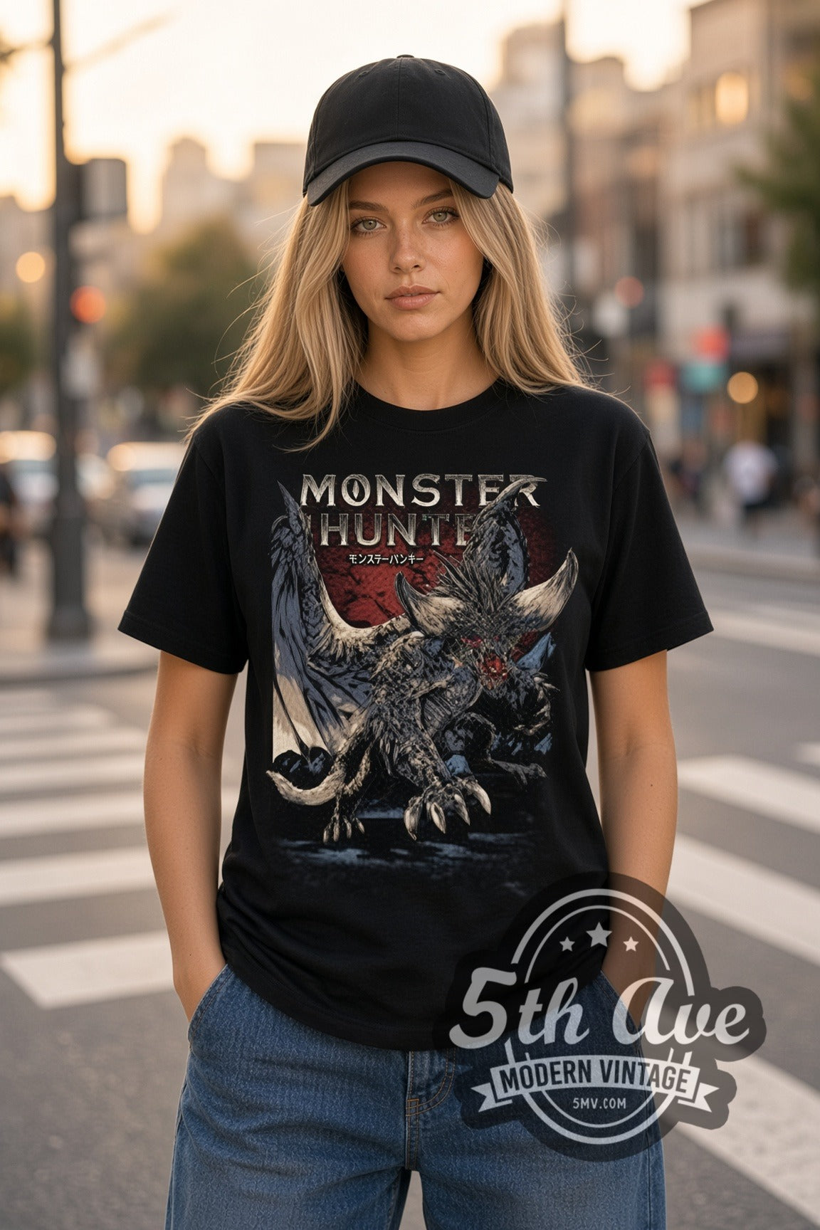 Woman wearing Monster Hunter Nergigante double stitched black graphic tee