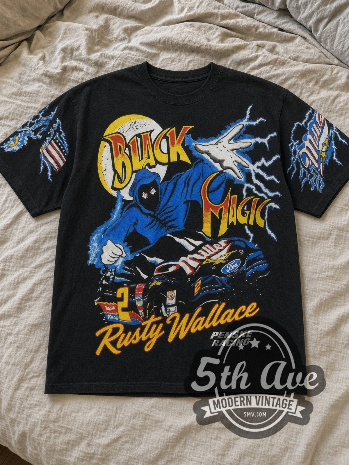 Black NASCAR / Rusty Wallace Black Magic Miller #2 Black All Over Print Vintage NASCAR T-Shirt laid flat on a linen bed