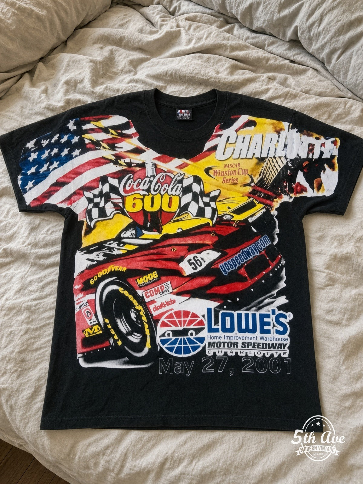 NASCAR Coca-Cola 600 Charlotte 2001 Lowes vintage tee laid on bed