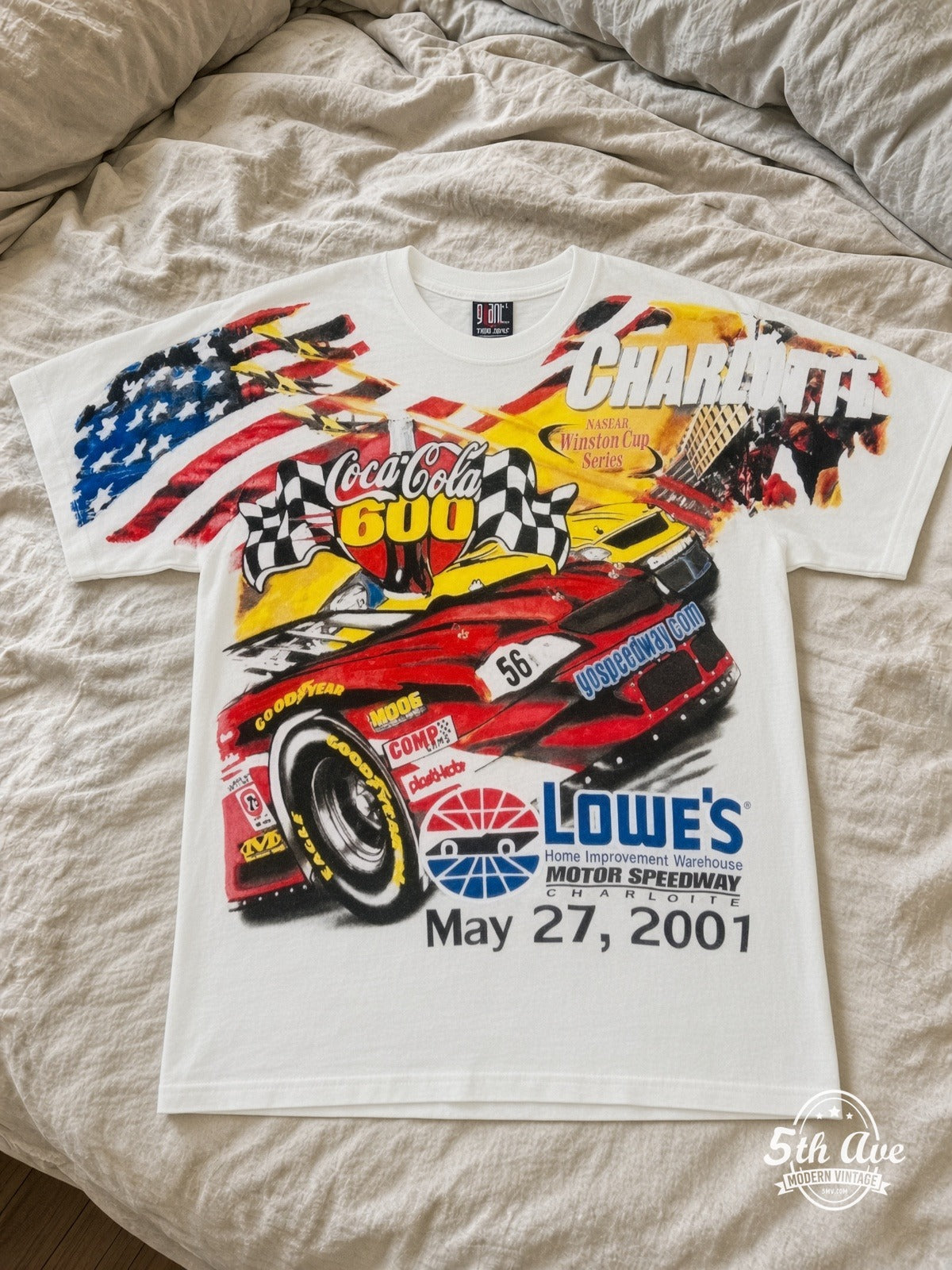 NASCAR Coca-Cola 600 Charlotte 2001 Lowes vintage tee laid on bed