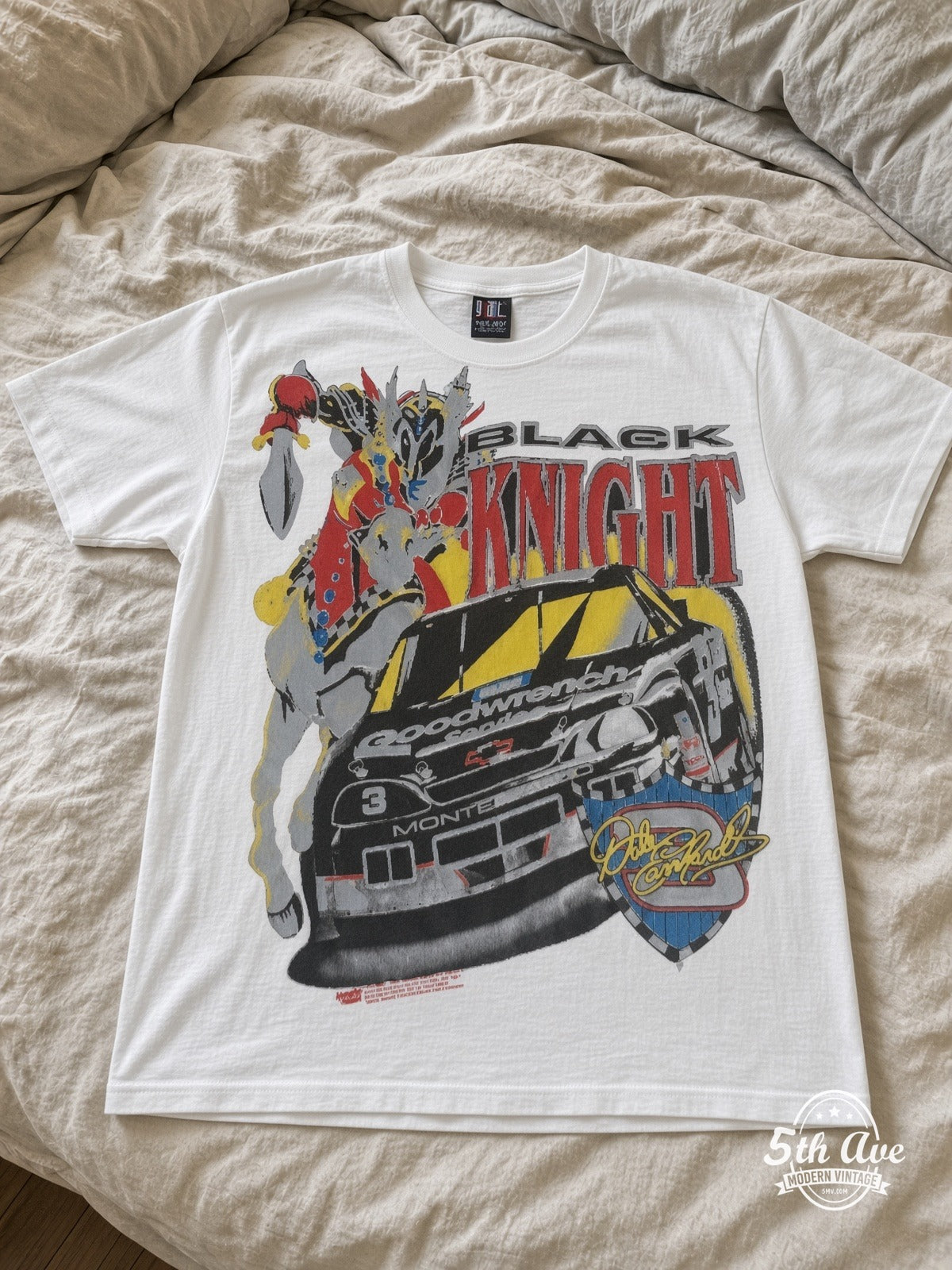 NASCAR Dale Earnhardt 3 Black Knight Horse vintage tee laid on bed