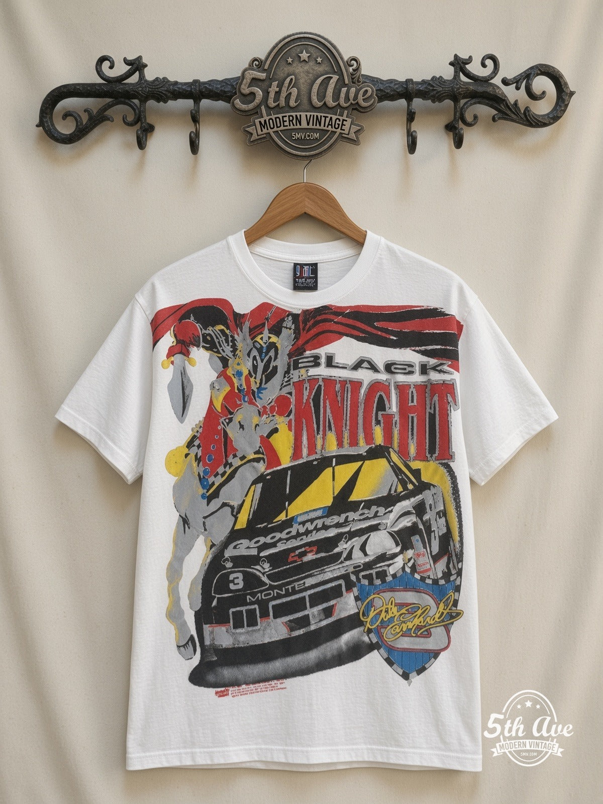 NASCAR Dale Earnhardt 3 Black Knight Horse all over print vintage nascar t-shirt front on cream 5th Ave rack