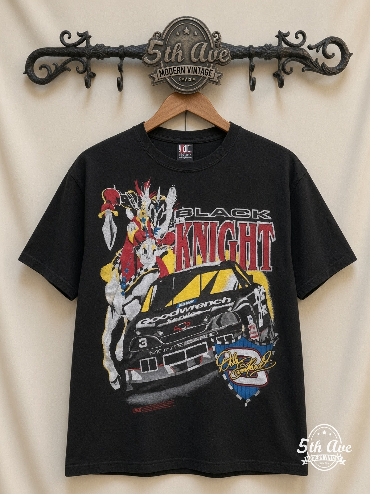 NASCAR Dale Earnhardt 3 Black Knight Horse all over print vintage nascar t-shirt front on cream 5th Ave rack