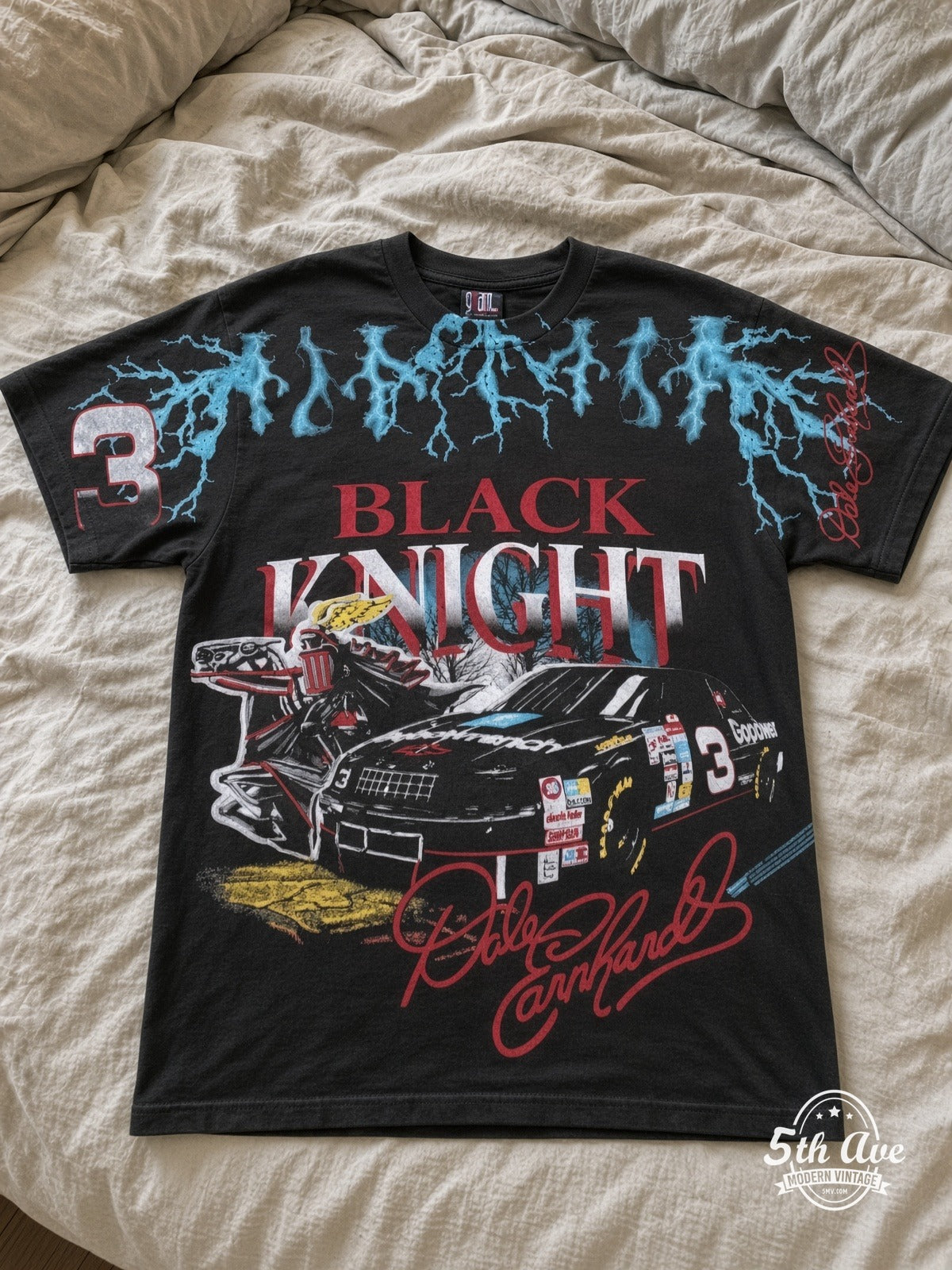 NASCAR Dale Earnhardt 3 Black Knight Lightning vintage tee laid on bed