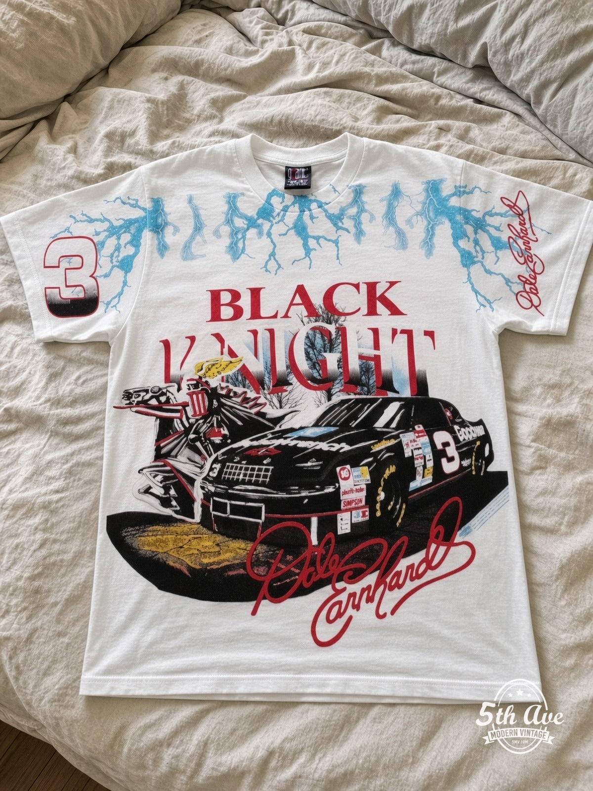 NASCAR Dale Earnhardt 3 Black Knight Lightning vintage tee laid on bed
