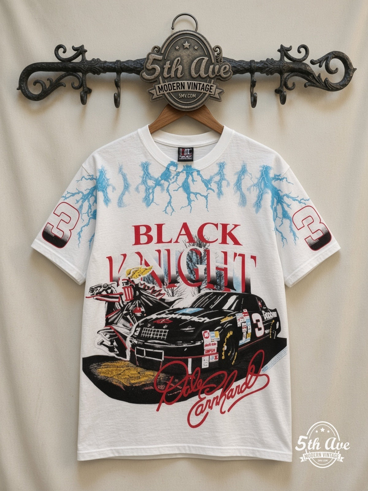 NASCAR Dale Earnhardt 3 Black Knight Lightning all over print vintage nascar t-shirt front on cream 5th Ave rack