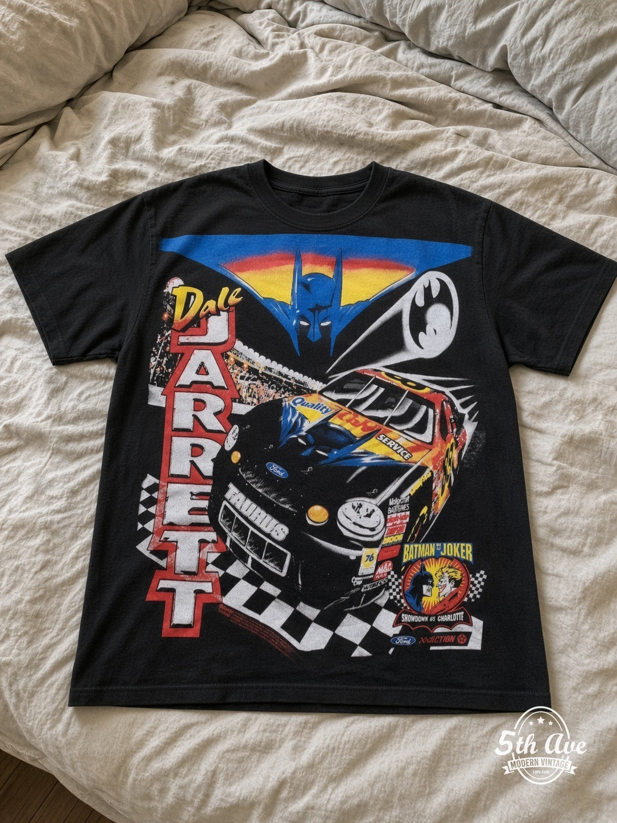 NASCAR Dale Jarrett 88 Batman Forever vintage tee laid on bed