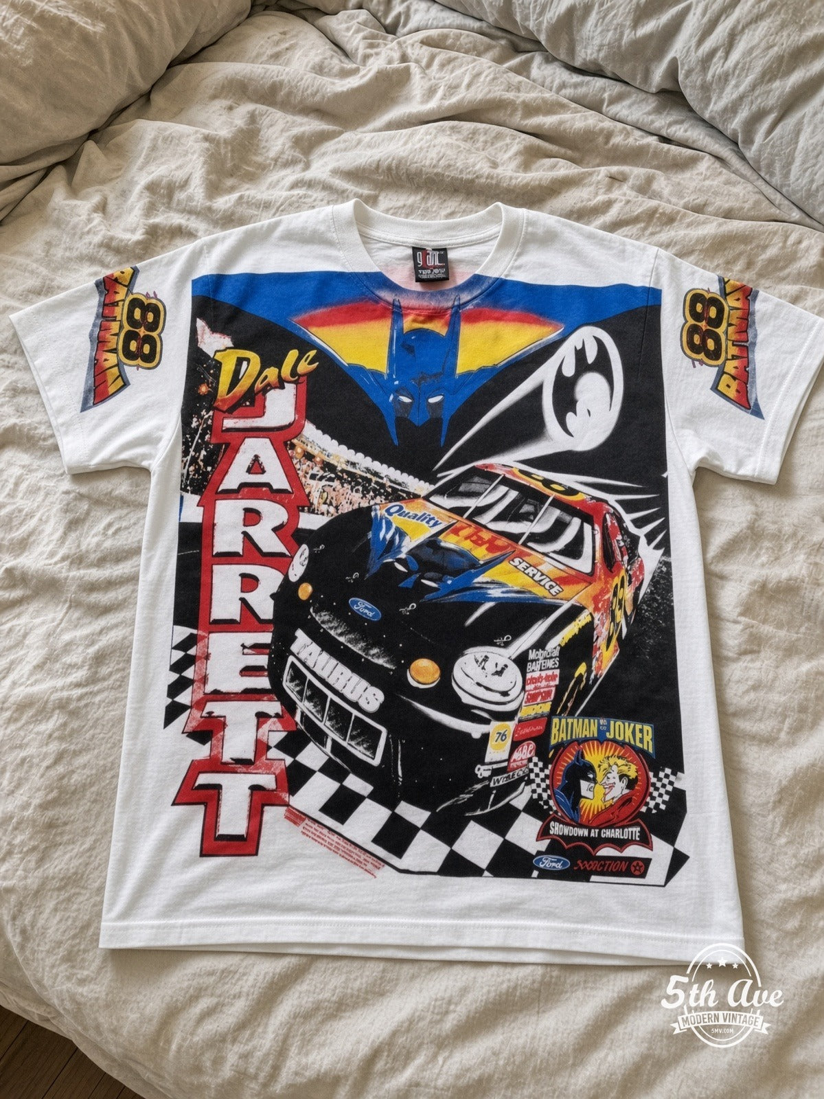 NASCAR Dale Jarrett 88 Batman Forever vintage tee laid on bed