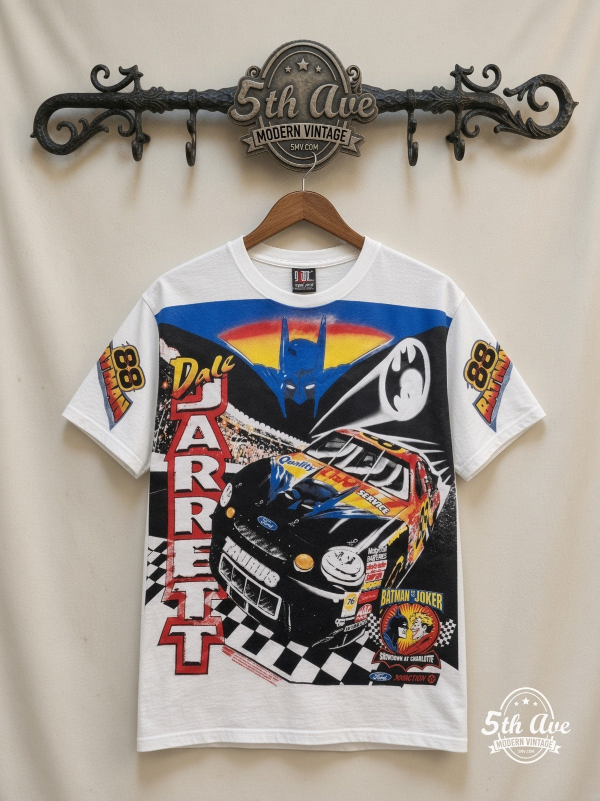 NASCAR Dale Jarrett 88 Batman Forever all over print vintage nascar t-shirt front on cream 5th Ave rack