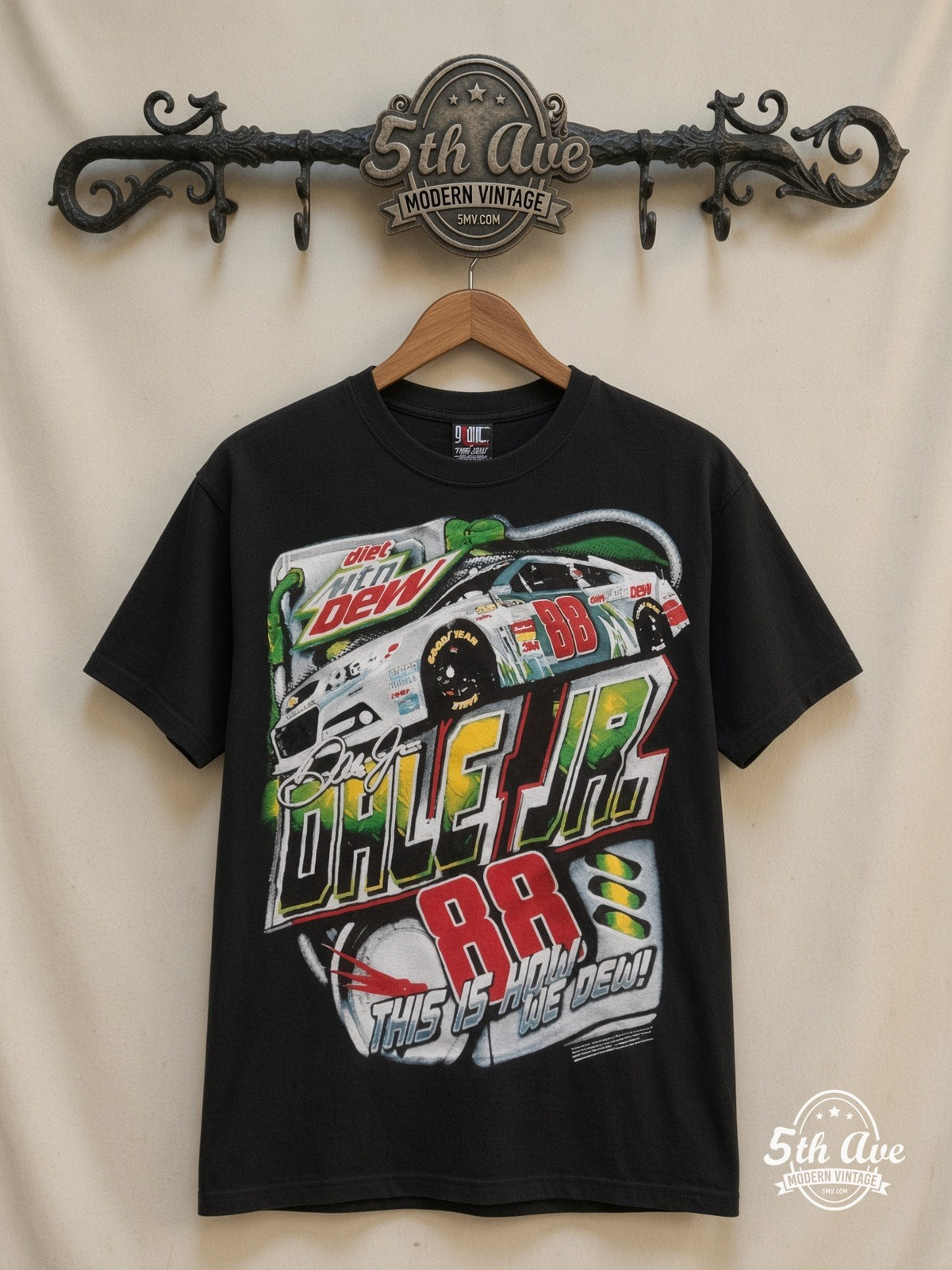NASCAR Dale Jr 88 Mountain Dew This Is How We Dew all over print vintage nascar t-shirt front on cream 5th Ave rack