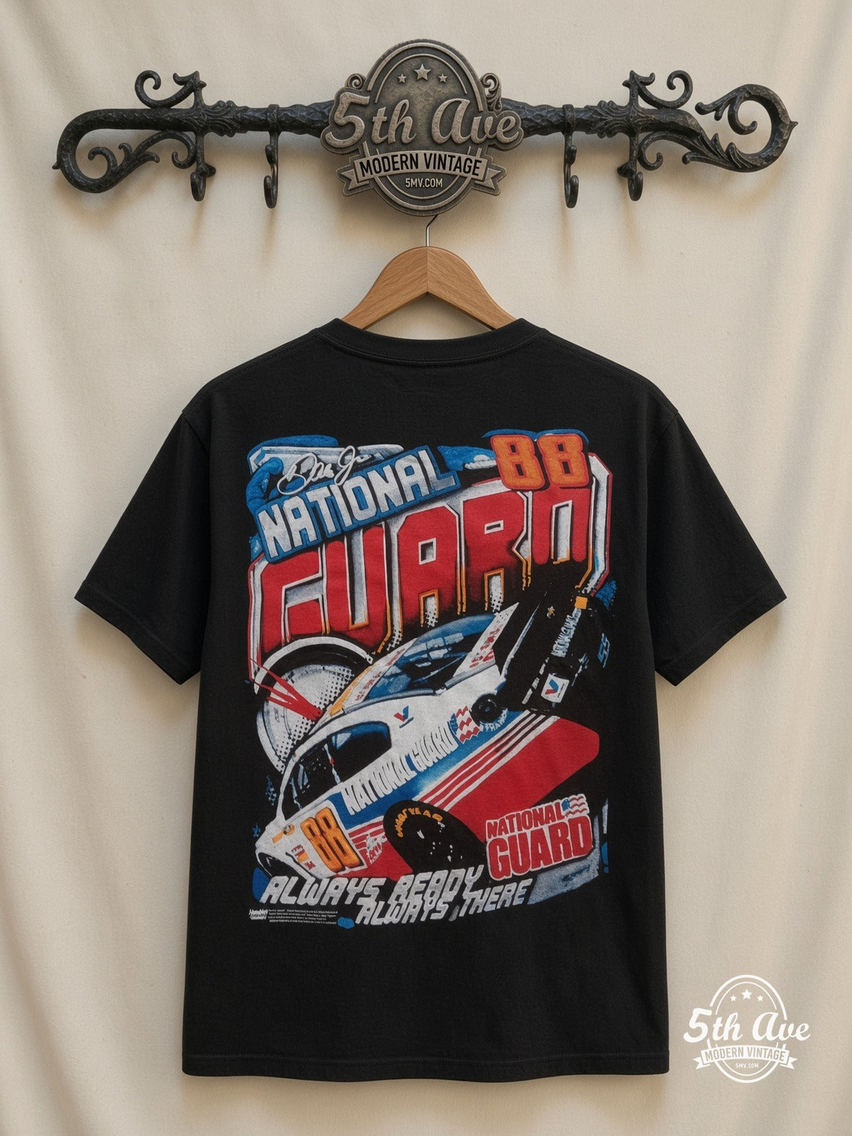 NASCAR Dale Jr 88 National Guard Always Ready all over print vintage tee back on cream 5th Ave rack
