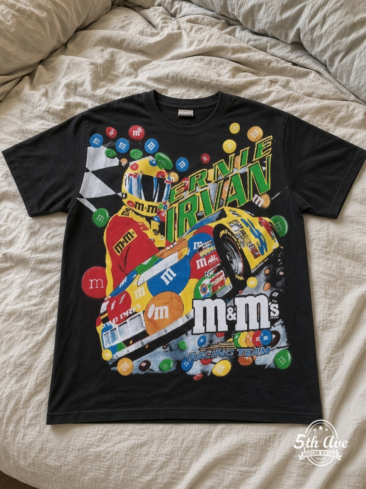 NASCAR Ernie Irvan 36 M&Ms Angled Car vintage tee laid on bed