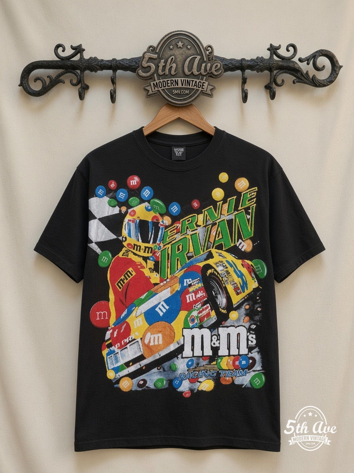 NASCAR Ernie Irvan 36 M&Ms Angled Car all over print vintage nascar t-shirt front on cream 5th Ave rack