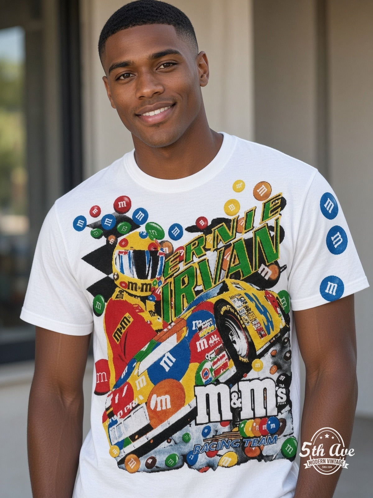 NASCAR Ernie Irvan 36 M&Ms Angled Car vintage tee model wearing