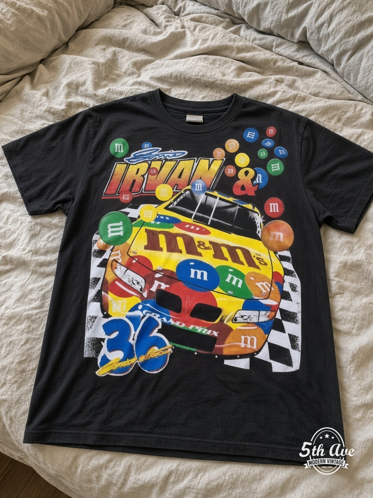 NASCAR Ernie Irvan 36 M&Ms Racing vintage tee laid on bed