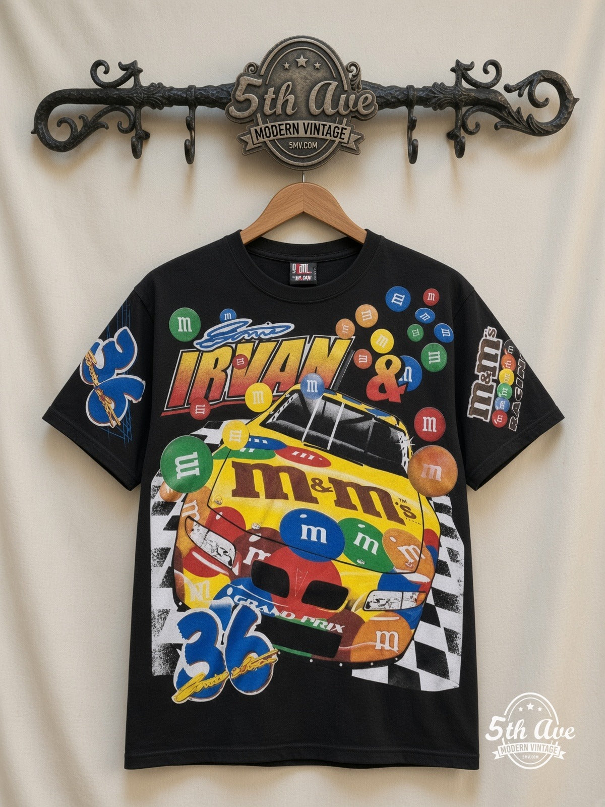NASCAR Ernie Irvan 36 M&Ms Racing all over print vintage nascar t-shirt front on cream 5th Ave rack